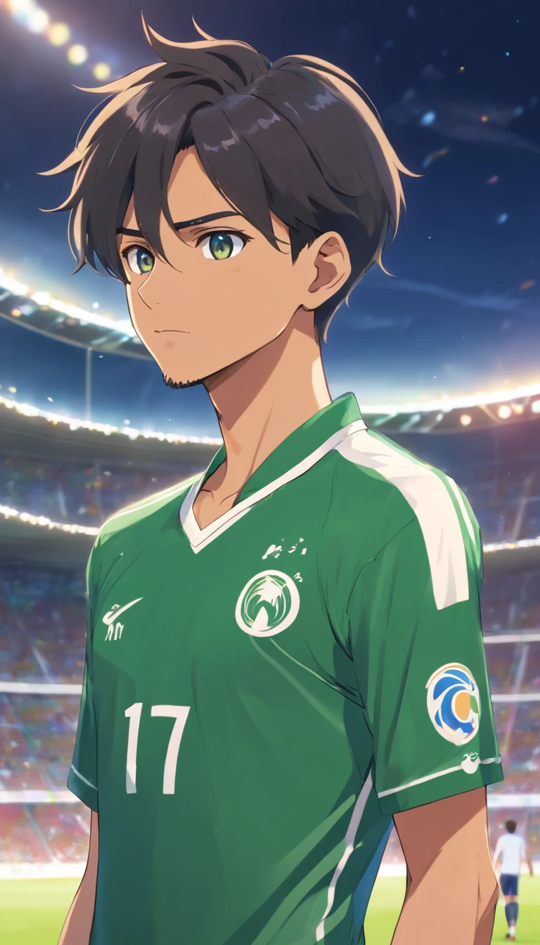 riyad mahrez with the Algerian national team jersey in anime style , Standard scenario , olhar fixo , (( imagem sem deformidades )) , best resolution , melhor qualidade , obra prima