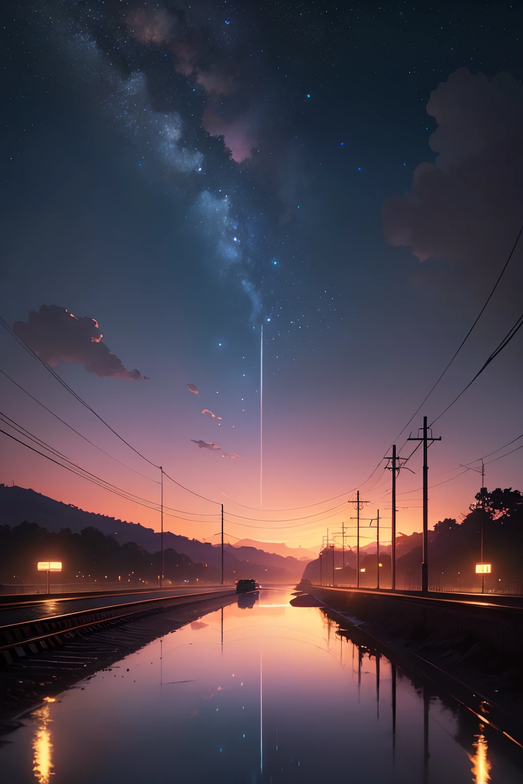 High quality masterpieces, landscapes, clouds, anime train passing water bodies on railway tracks in the distance, bright starry sky. traveler, romantic lights, pixiv, concept art, lofi art style, reflection. Makoto Shinkai, rophy art, beautiful anime scenes, anime scenery, detailed scenery — width 672, Makoto Shinkai's style, Makoto Shinkai's style, enhanced details.