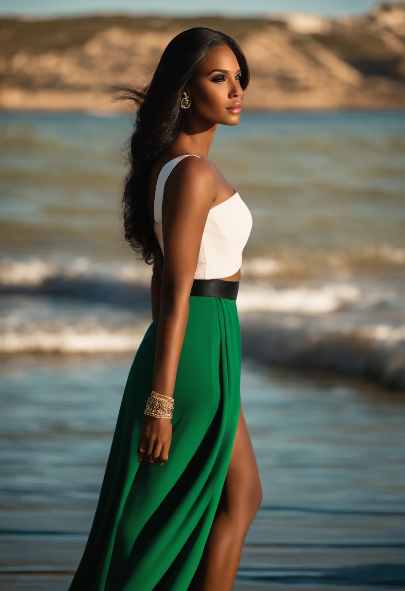 Girl 30 years, cabelos lisos longos preto , magra alta estilo manequin, estilo executiva em uma loja de veiculos usados, in a coastal region, com garagem com nome beto veiculos , com paisagem de gramados verdes