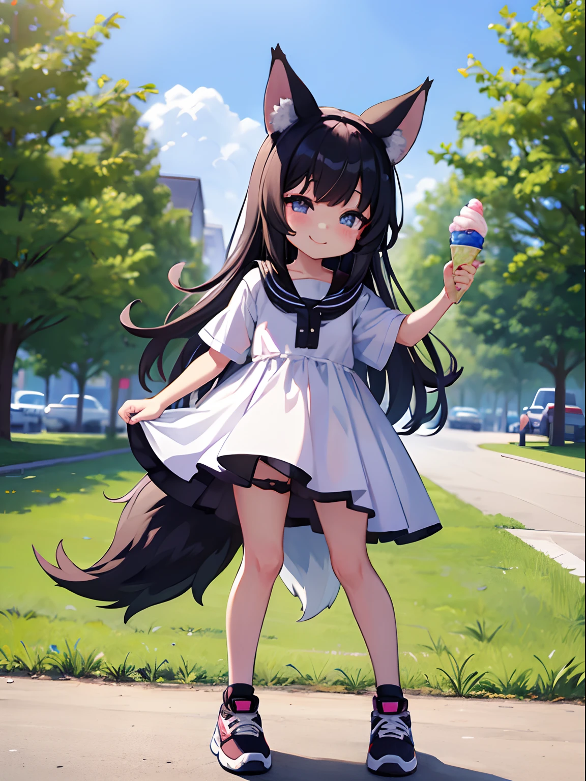 Super ultra happy cute ***********, with wolf ears and black hair, holding her cheeks, wolf tail, wearing a white summer dress, looking at veiwer, full body,black skirt, striped pink and black panties, sneakers, out in nature, holding an ice cream,smile,