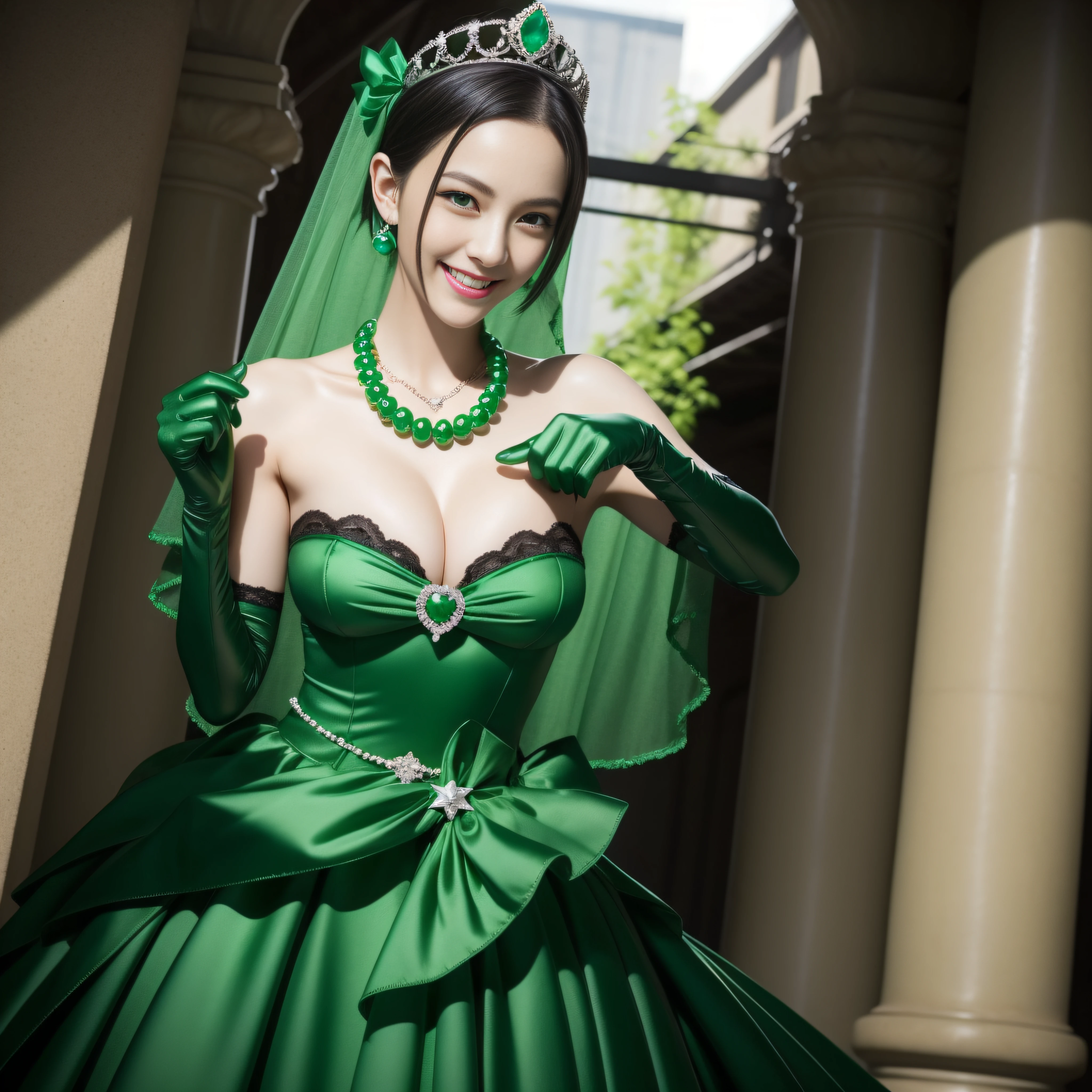 emerald tiara, Green Pearl Necklace, Boyish very short black hair, lipsticks, Japan woman smiling, very short short hair, fist, big breasts beautiful, Green eyes, Long green gloves made of satin material