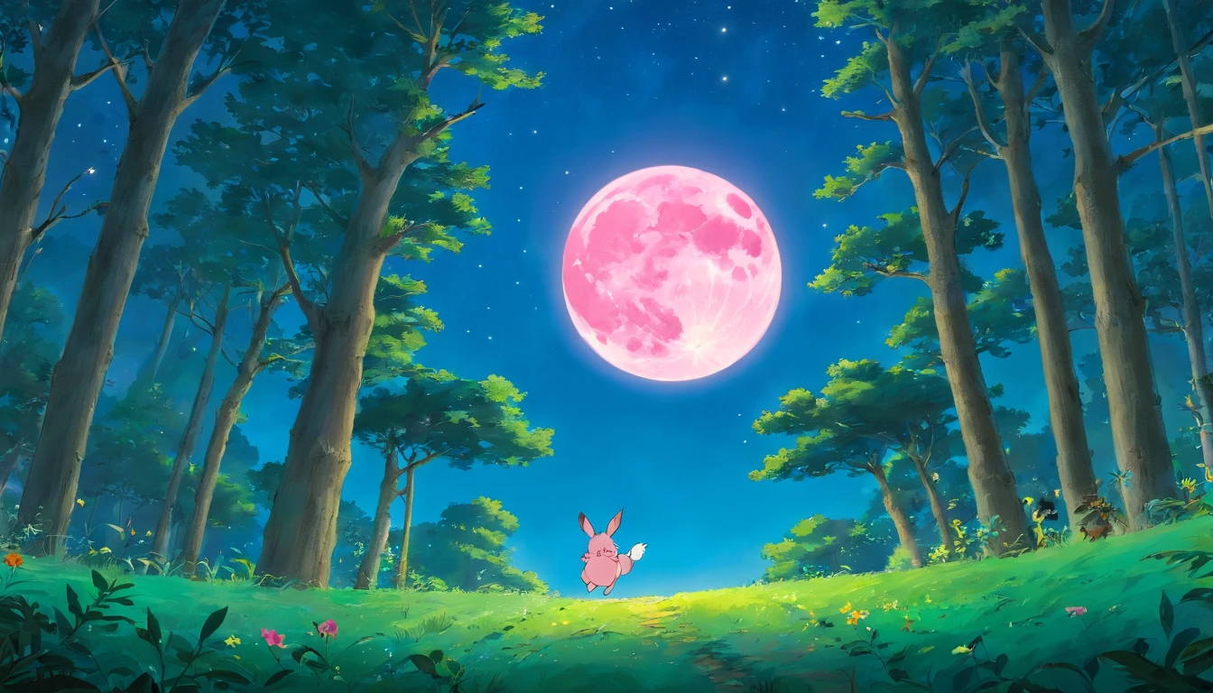 Night Forest,The sky has a full moon,There is a man flying in the tree,There is a piglet on the ground(in pink)