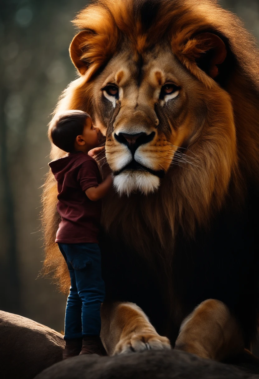 a lion protecting a young boy, cinematic and realistic image