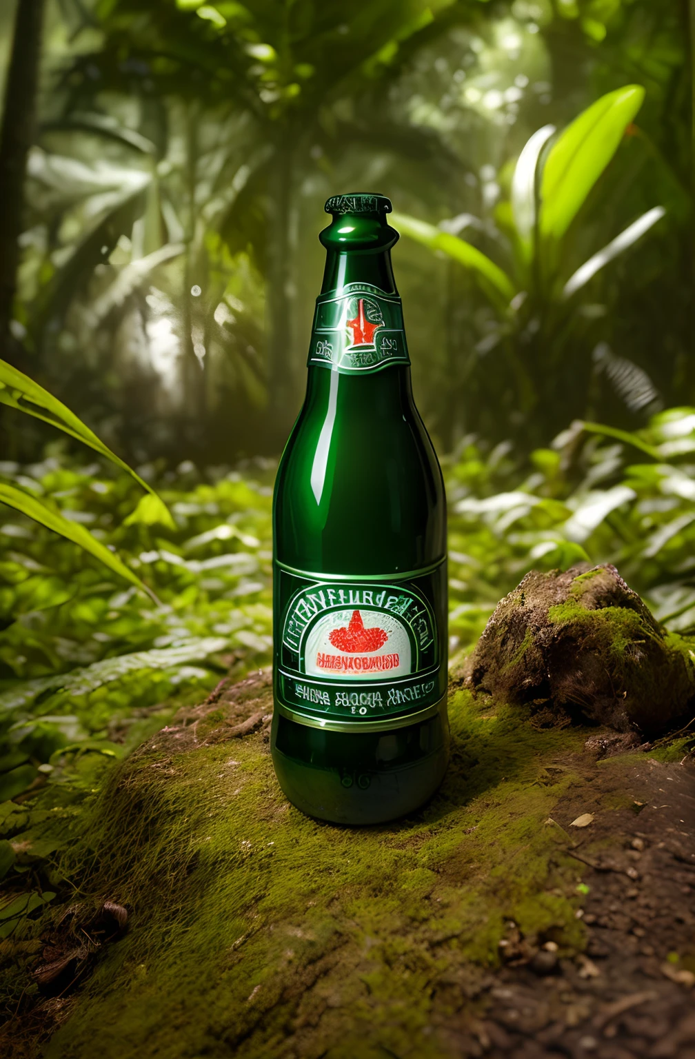 A bottle of heinekein in the undergrowth in the middle of the Amazon rainforest + imagem limpa + studiolight + vista frontal + foto tirada pela Canon EOS 5D Mark IV + fotografia de estilo do produto + Publicidade comercial + Foto realista, 8k