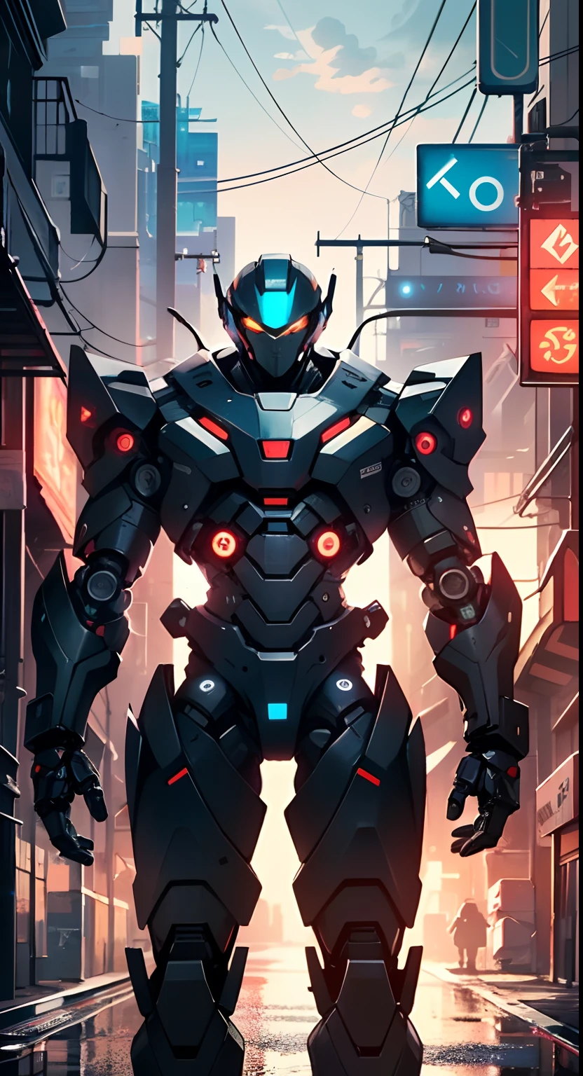 Imposing black plastic metal android robot,three meters tall and with a minimalist design that highlights its marked metallic musculature. His head is smooth and adorned with RGB lights that highlight his uniqueness and futurism.
He carries a metal backpack on his back that contains drones,turrets,and firearms. The backpack has spidery legs that allow it to move quickly.
Although most of his body is a deep,glossy black,there are orange,purple,and blue details that highlight his striking,futuristic design. It is undoubtedly an impressive creation that does not go unnoticed.
(((muscular))),hypermuscle, hyper muscles,carbon robot,humanoid robot, robot, robot joints, joints, helmet, armor, head-mounted display,(((robot with minimalist design))),
(dynamic pose:1.0),solo focus,(centered,scale to fit dimensions,Rule of thirds),
cyberpunk city by the ocean at night, with bright neon signs and dark stormy clouds and puddles, scenery:1.25,
artistic photography,(photography taken by sldr),highres, sharp focus, (ultra detailed, extremely detailed), (photorealistic artwork:1.37),(extremely detailed CG unity 8k wallpaper),((synthwave background theme)),(((vibrant colors))),(intricate background),(masterpiece),(best quality),