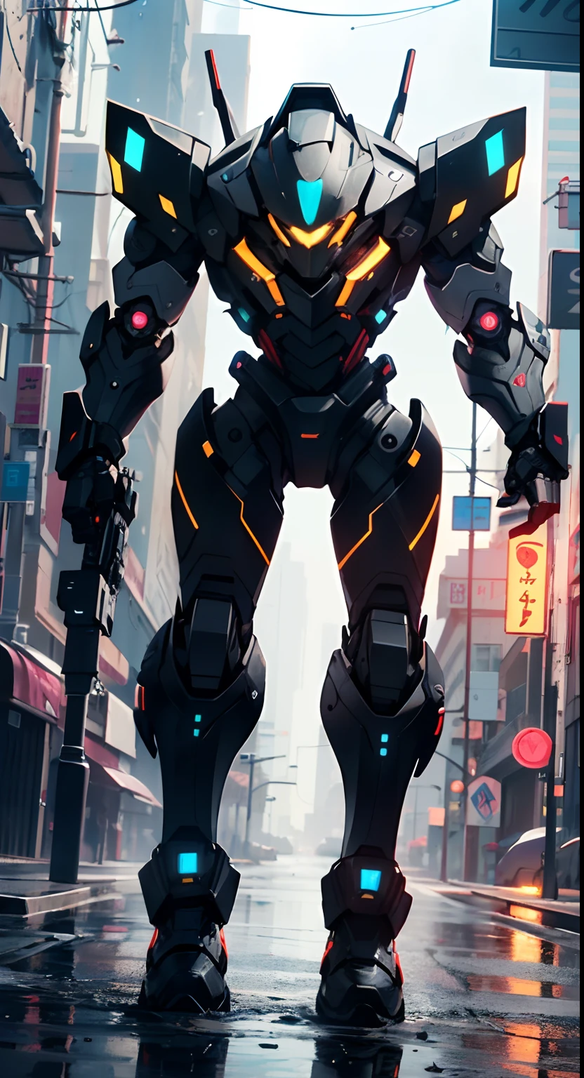 Imposing black plastic metal android robot,three meters tall and with a minimalist design that highlights its marked metallic musculature. His head is smooth and adorned with RGB lights that highlight his uniqueness and futurism.
He carries a metal backpack on his back that contains drones,turrets,and firearms. The backpack has spidery legs that allow it to move quickly.
Although most of his body is a deep,glossy black,there are orange,purple,and blue details that highlight his striking,futuristic design. It is undoubtedly an impressive creation that does not go unnoticed.
(((muscular))),hypermuscle, hyper muscles,carbon robot,humanoid robot, robot, robot joints, joints, helmet, armor, head-mounted display,(((robot with minimalist design))),
(dynamic pose:1.0),solo focus,(centered,scale to fit dimensions,Rule of thirds),
cyberpunk city by the ocean at night, with bright neon signs and dark stormy clouds and puddles, scenery:1.25,
artistic photography,(photography taken by sldr),highres, sharp focus, (ultra detailed, extremely detailed), (photorealistic artwork:1.37),(extremely detailed CG unity 8k wallpaper),((synthwave background theme)),(((vibrant colors))),(intricate background),(masterpiece),(best quality),