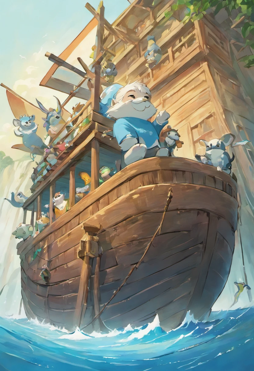 The image shows a Noah's ark in a calm, blue sea. The sky is clear blue and the sun is shining. a rainbow is in the sky, symbolizing God's promise never again to destroy the earth with a flood.
The ark is a large wooden ship with a cabin in the center. The cabin is full of animals, incluindo girafas, macacos, coelhos, tigres, Hippos, lions, ursos pandas, elefantes roxos, zebras e rinocerontes verdes.
A white-headed old man, representing Noah, It is standing on the bow of the ark. He's smiling and looking at the rainbow.
Detalhes:
The giraffes are standing on each side of the ark, olhando para fora. They are colorful, com manchas marrons e pretas.
The monkey is sitting on the roof of the ark, watching the fish jumping out of the water. He's small and hairy, com uma cauda comprida.
The rabbit is sitting on the floor of the ark, playing with a ball of wool. He's white and cute, com orelhas compridas.
The tiger is lying on the floor of the ark, tomando um cochilo. He's big and hairy, com listras pretas e amarelas.
The hippopotamus is swimming in the water next to the ark. He's big and fat, com pele marrom.
The lion is sitting on the bow of the ark, olhando para o mar. He's big and strong, com uma juba espessa.
The panda bear is sitting on the floor of the ark, comendo bambu. He's black and white, com olhos grandes e redondos.
The purple elephant is lying on the floor of the ark, dormindo. He's big and heavy, com pele roxa.
The zebra is grazing on the deck of the ark. she's black and white, com listras finas.
The green rhinoceros is swimming in the water next to the ark. He's big and sturdy, com pele verde.
The fish are colorful and varied, including clownfish, peixes-azuis, peixes-dourados e peixes-voadores.
Dolphins are big and playful, com bicos brancos e caudas em forma de crescente.