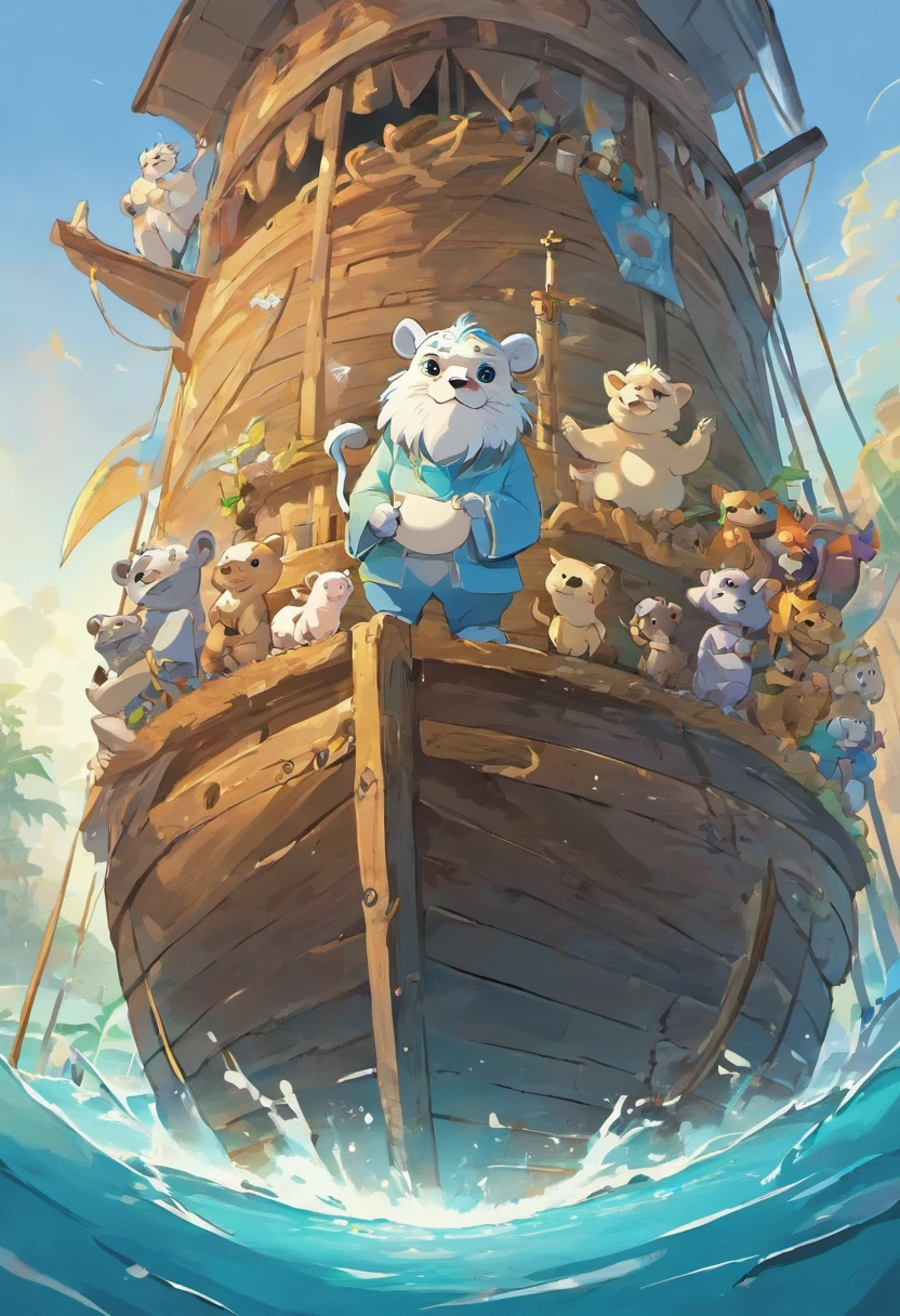 The image shows a Noah's ark in a calm, blue sea. The sky is clear blue and the sun is shining. a rainbow is in the sky, symbolizing God's promise never again to destroy the earth with a flood.
The ark is a large wooden ship with a cabin in the center. The cabin is full of animals, incluindo girafas, macacos, coelhos, tigres, Hippos, lions, ursos pandas, elefantes roxos, zebras e rinocerontes verdes.
A white-headed old man, representing Noah, It is standing on the bow of the ark. He's smiling and looking at the rainbow.
Detalhes:
The giraffes are standing on each side of the ark, olhando para fora. They are colorful, com manchas marrons e pretas.
The monkey is sitting on the roof of the ark, watching the fish jumping out of the water. He's small and hairy, com uma cauda comprida.
The rabbit is sitting on the floor of the ark, playing with a ball of wool. He's white and cute, com orelhas compridas.
The tiger is lying on the floor of the ark, tomando um cochilo. He's big and hairy, com listras pretas e amarelas.
The hippopotamus is swimming in the water next to the ark. He's big and fat, com pele marrom.
The lion is sitting on the bow of the ark, olhando para o mar. He's big and strong, com uma juba espessa.
The panda bear is sitting on the floor of the ark, comendo bambu. He's black and white, com olhos grandes e redondos.
The purple elephant is lying on the floor of the ark, dormindo. He's big and heavy, com pele roxa.
The zebra is grazing on the deck of the ark. she's black and white, com listras finas.
The green rhinoceros is swimming in the water next to the ark. He's big and sturdy, com pele verde.
The fish are colorful and varied, including clownfish, peixes-azuis, peixes-dourados e peixes-voadores.
Dolphins are big and playful, com bicos brancos e caudas em forma de crescente.