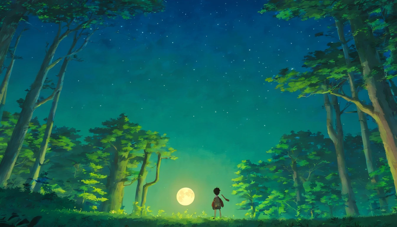 Night Forest，There was a man standing in a tree and singing，There is a full moon in the sky