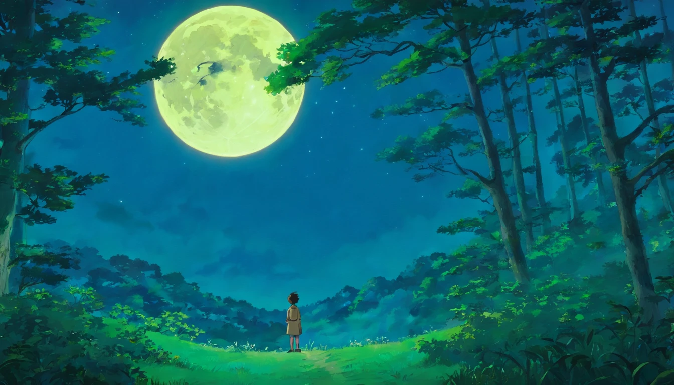Night Forest,There was a man standing in a tree and singing,There is a full moon in the sky