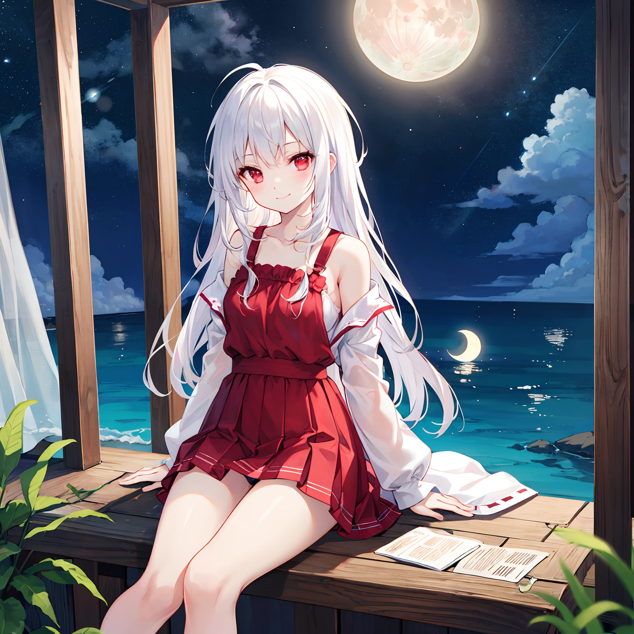 white hair、red eyes、Beautiful girl alone、A smile、a moon、sitting on、I can see a little bit of underwear