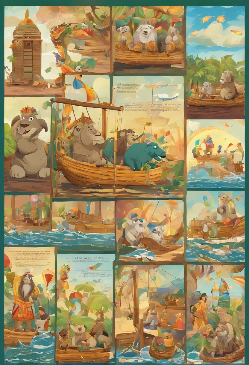 The image shows a Noah's ark in a calm, blue sea. The sky is clear blue and the sun is shining. a rainbow is in the sky, symbolizing God's promise never again to destroy the earth with a flood.

The ark is a large wooden ship with a cabin in the center. The cabin is full of animals, incluindo girafas, macacos, coelhos, tigres, Hippos, lions, ursos pandas, elefantes roxos, zebras e rinocerontes verdes.

A white-headed old man, representing Noah, It is standing on the bow of the ark. He's smiling and looking at the rainbow.

Detalhes:

The giraffes are standing on each side of the ark, olhando para fora. They are colorful, com manchas marrons e pretas.
The monkey is sitting on the roof of the ark, watching the fish jumping out of the water. He's small and hairy, com uma cauda comprida.
The rabbit is sitting on the floor of the ark, playing with a ball of wool. He's white and cute, com orelhas compridas.
The tiger is lying on the floor of the ark, tomando um cochilo. He's big and hairy, com listras pretas e amarelas.
The hippopotamus is swimming in the water next to the ark. He's big and fat, com pele marrom.
The lion is sitting on the bow of the ark, olhando para o mar. He's big and strong, com uma juba espessa.
The panda bear is sitting on the floor of the ark, comendo bambu. He's black and white, com olhos grandes e redondos.
The purple elephant is lying on the floor of the ark, dormindo. He's big and heavy, com pele roxa.
The zebra is grazing on the deck of the ark. she's black and white, com listras finas.
The green rhinoceros is swimming in the water next to the ark. He's big and sturdy, com pele verde.
The fish are colorful and varied, including clownfish, peixes-azuis, peixes-dourados e peixes-voadores.
Dolphins are big and playful, com bicos brancos e caudas em forma de crescente.