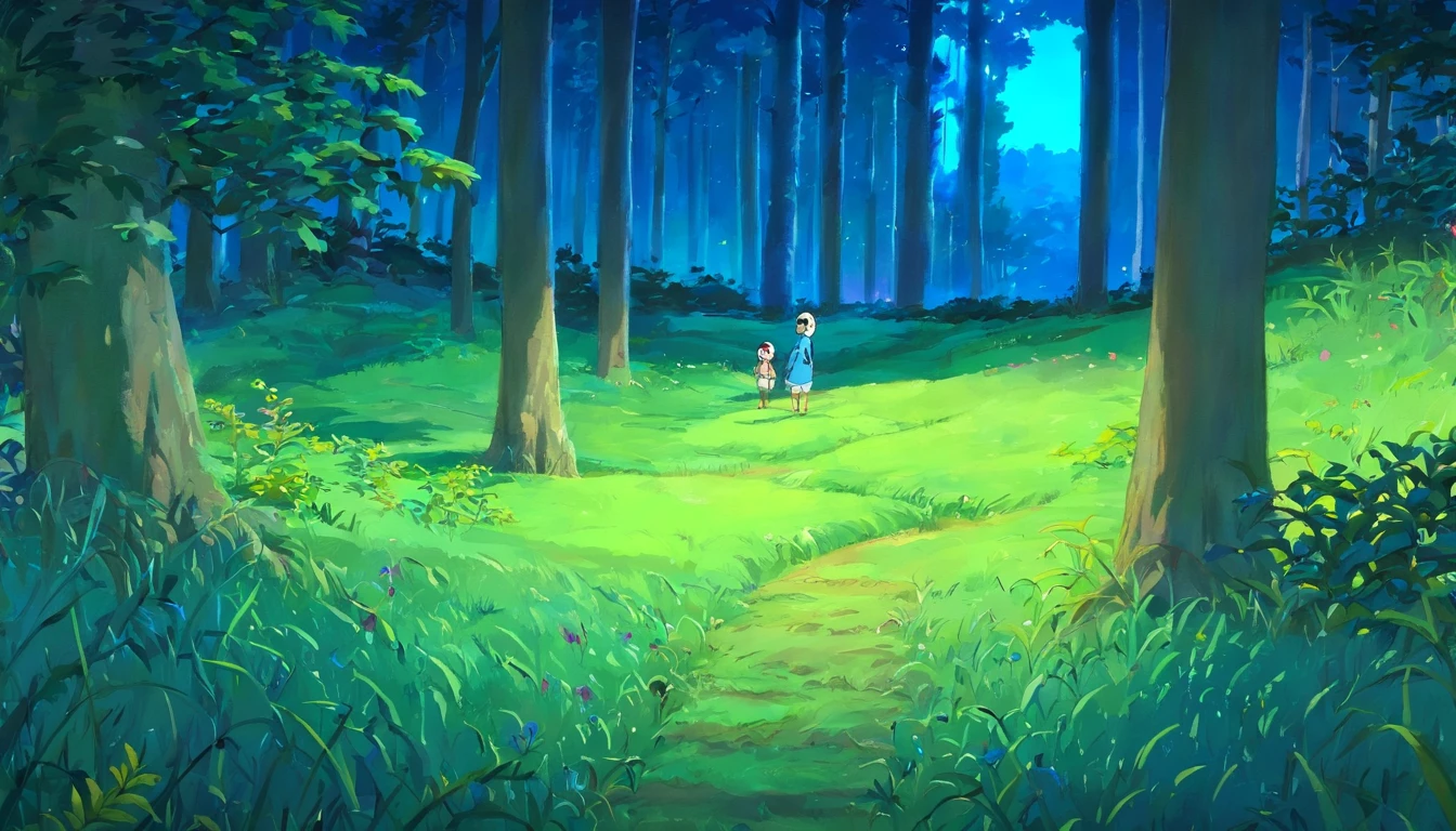 Night Forest,There is a sprouted blue sapling in the grass