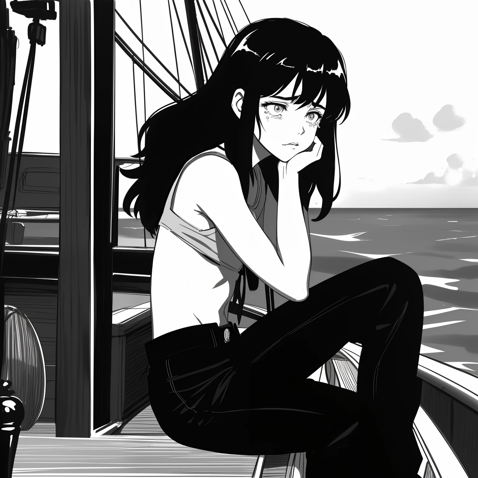 Chiaroscuro Film, Chiaroscuro Film ((ink style, sketch, black and white)) 1 boy, young boy with a long mullet haircut, big lips, and slanted eyes, black pants, in his tweenties, slim body, sitting on a ship, boat, sails, rudder, ocean, Tears welled up in her eyes as she recalled that moment. A profound sadness overcame her when she realized the truth. Her voice quivered, revealing the bitterness she felt inside.