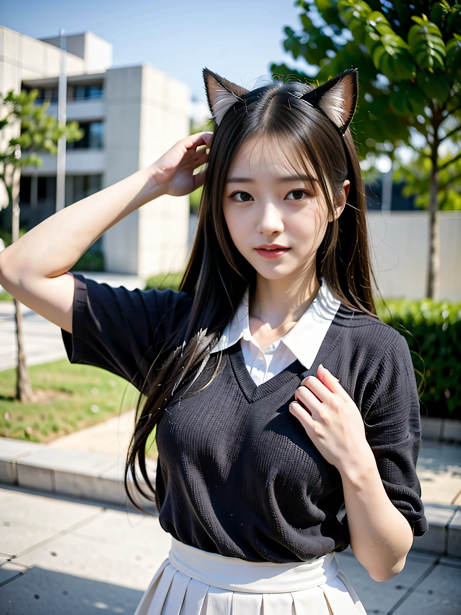 In the middle of the city,RAW photos,8K,HighestQuali, 超高分辨率,Beautiful face details,Real human skin,An expression of happiness,up front view,From the angle below,Long hair with a shawl,realisticlying,realisticlying,adolable,long skirt,Walking posture,cute female student,Japanese schoolgirl uniform,Wearing a Japanese school uniform,校服,Surreal high school girl,full bodyesbian,Cat ears