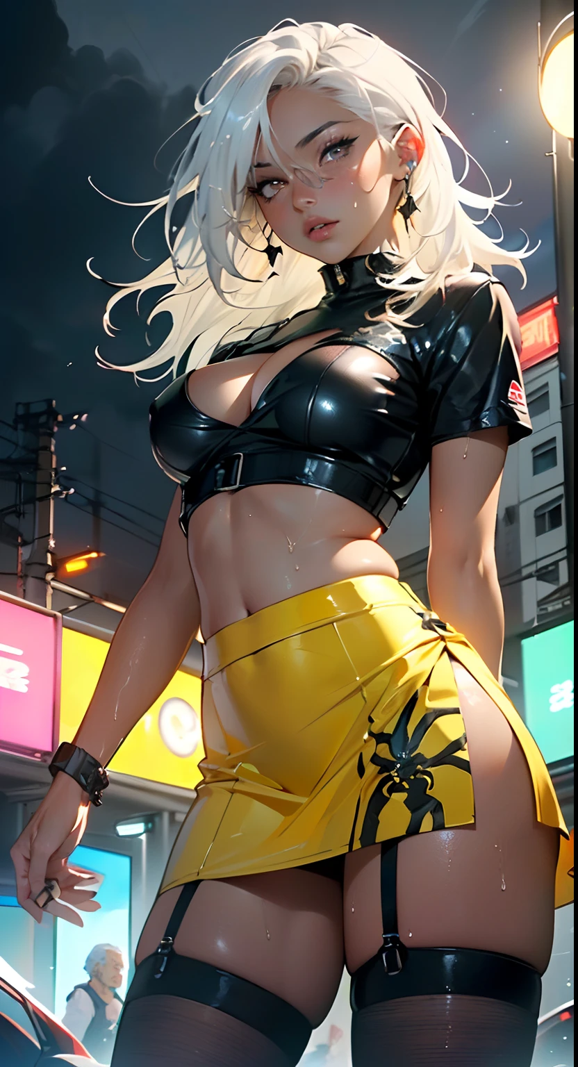 dark skin,very dark skin,dark_skin,
girl rave,(((1girl))),((girl with extremely cute and beautiful white hair)),
(large breasts:1.4),saggy breasts,(((white hair:1.35,straight hair,long hair:1.4,colored inner hair,ear breathing))),(((eyes very light yellow:1.3))),intricate eyes,beautiful detailed eyes,symmetrical eyes,Big eyes:15,((fat)),((((black girl,black skin,dark-skinned_female,dark skin:1.3,ebony skin,lustrous skin:1.5,bright skin: 1.5,shiny skin,very shiny skin,shiny body,plastic glitter skin,exaggerated shiny skin,shiny skin like ebony,illuminated skin, wet legs))),(spider lower abdomen,narrow waist,wide hip,athletic body,inflated legs,delicate detailed fingers,detailed body,(detailed face)),
cute,slutty,seductive,erotic,(((nsfw))),
zettai ryouiki,revealing clothing,show skin,((rave shirt with an yellow print,rave mini-skirt,visible thong straps)),(wearing a rave outfit:1.3,rave clothes,semi-naked,with little clothing),((wet clothes,intricate outfit,intricate clothes)),
(dynamic pose:1.0),solo focus,embarrassed,(centered,scale to fit dimensions,Rule of thirds),
cyberpunk city by the ocean at night, with bright neon signs and dark stormy clouds and puddles, scenery:1.25,
artistic photography,(photography taken by sldr),highres, sharp focus, (ultra detailed, extremely detailed), (photorealistic artwork:1.37),(extremely detailed CG unity 8k wallpaper),((synthwave background theme)),(((vibrant colors))),(intricate background),(masterpiece),(best quality),