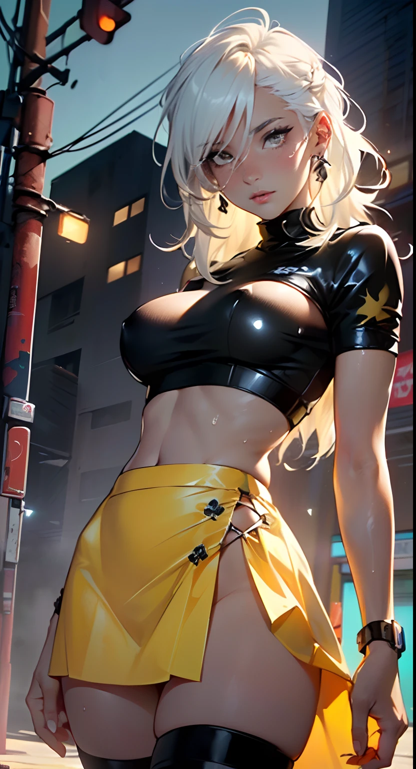 dark skin,very dark skin,dark_skin,
girl rave,(((1girl))),((girl with extremely cute and beautiful white hair)),
(large breasts:1.4),saggy breasts,(((white hair:1.35,straight hair,long hair:1.4,colored inner hair,ear breathing))),(((eyes very light yellow:1.3))),intricate eyes,beautiful detailed eyes,symmetrical eyes,Big eyes:15,((fat)),((((black girl,black skin,dark-skinned_female,dark skin:1.3,ebony skin,lustrous skin:1.5,bright skin: 1.5,shiny skin,very shiny skin,shiny body,plastic glitter skin,exaggerated shiny skin,shiny skin like ebony,illuminated skin, wet legs))),(spider lower abdomen,narrow waist,wide hip,athletic body,inflated legs,delicate detailed fingers,detailed body,(detailed face)),
cute,slutty,seductive,erotic,(((nsfw))),
zettai ryouiki,revealing clothing,show skin,((rave shirt with an yellow print,rave mini-skirt,visible thong straps)),(wearing a rave outfit:1.3,rave clothes,semi-naked,with little clothing),((wet clothes,intricate outfit,intricate clothes)),
(dynamic pose:1.0),solo focus,embarrassed,(centered,scale to fit dimensions,Rule of thirds),
cyberpunk city by the ocean at night, with bright neon signs and dark stormy clouds and puddles, scenery:1.25,
artistic photography,(photography taken by sldr),highres, sharp focus, (ultra detailed, extremely detailed), (photorealistic artwork:1.37),(extremely detailed CG unity 8k wallpaper),((synthwave background theme)),(((vibrant colors))),(intricate background),(masterpiece),(best quality),