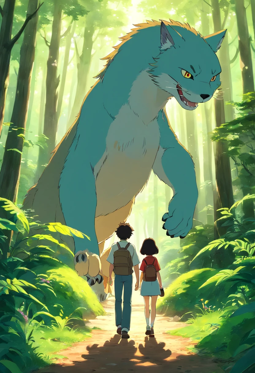 Um homem branco jovem de cabelo cinza, outro rapaz ????? de cabelo avermelhado, dois amigos, aventureiros, walk through the magical forest, trilha com animais encantados, riacho cintilante, magical forest, 3d, anime, obra prima