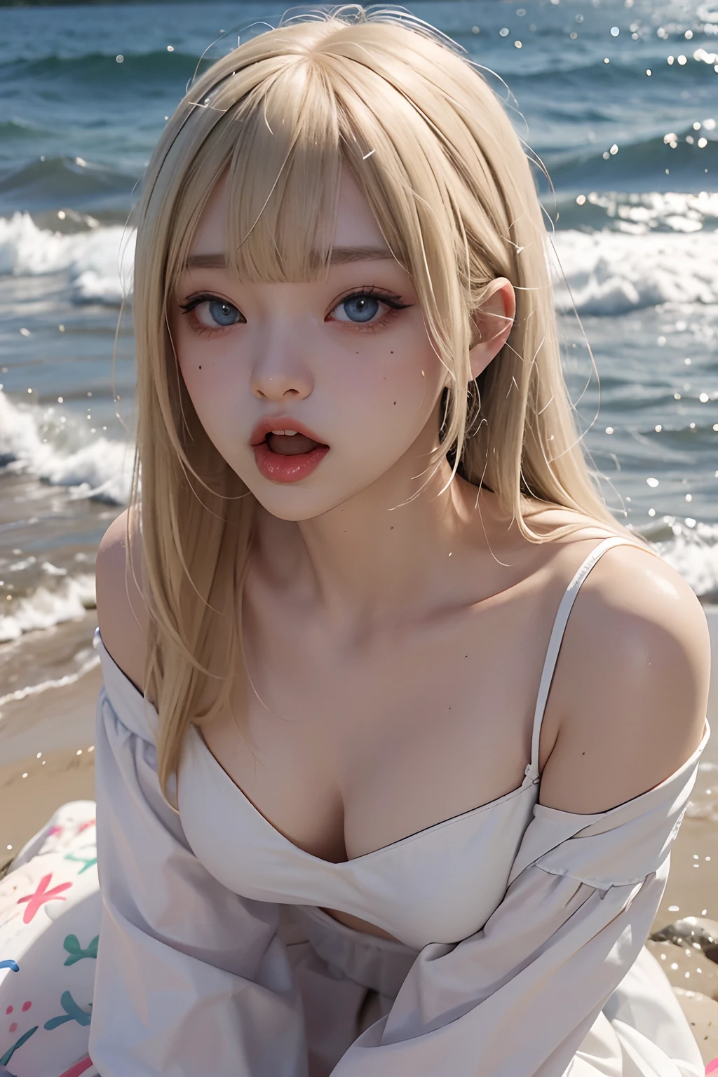 Blunt bangs、a blond、tongue、Huza、put out the tongue、Ahegao ( Silly / Sexual ecstasy)、maid clothes、Underworld、Photorealsitic, hight resolution, 1 rapariga, Korea person, Heterochromia eyes, small moles under eyes,、Beach、plein air、hime-cut、pier、Ahegao