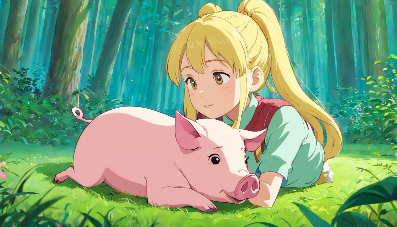 Early morning forest,The sun shines on the ground,A girl with yellow hair and a double ponytail holds a pig(in pink)Sleep on the grass