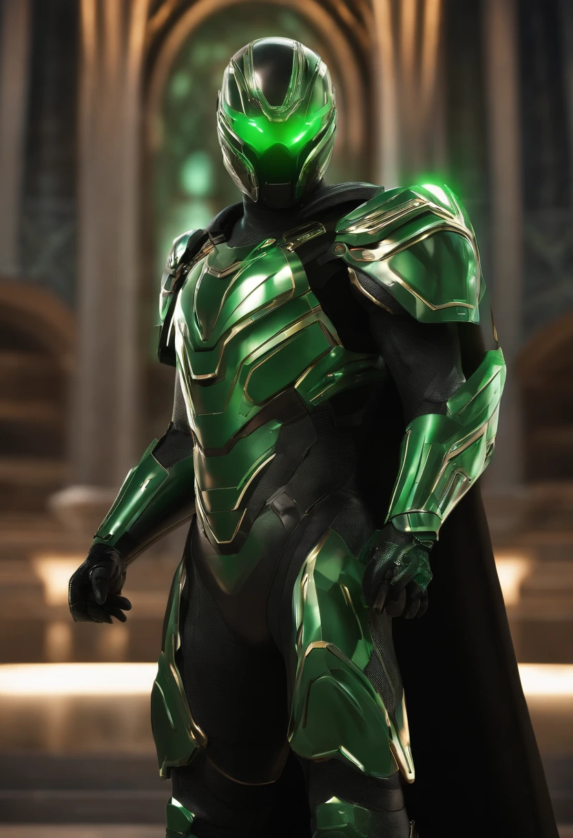 NFT 2 - Name: "Guardian of Wisdom"
Develop an NFT that portrays a guardian of wisdom in a futuristic library setting. This character, a scholarly superhero, should be immersed in a green and black aura. The NFT should showcase the details of their shiny metallic armor and advanced technology used to safeguard knowledge. Make sure to capture the technological and futuristic atmosphere of the scene.