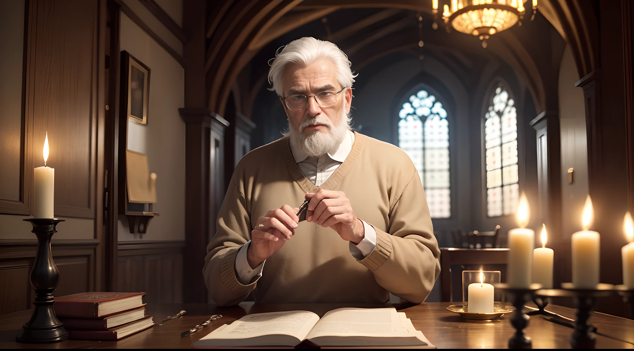 Character description: The main character is a gentleman of approximately 70 years of age, with completely white hair that flows smoothly down to the shoulders. His beard is short and equally white, destacando-se contra a pele enrugada e cansada pelo tempo. His face bears the marks of wisdom and experience, with deep wrinkles that tell life stories. He wears small glasses with metal frame, that reflect the light of nearby candles. He's dressed simply...., with a navy blue wool sweater and beige linen pants. the hands, show signs of years of work and reflection. Description of the environment: The scenery is shrouded in a soft melancholy, creating an atmosphere of contemplation and serenity. The walls are lined with dark wood, com entalhes intrincados e detalhes dourados, evocando um toque de majestade e espiritualidade. no centro da imagem, A richly decorated wooden Christian cross is carefully lit by a series of candles arranged in an antique chandelier. The flames of the candles dance softly, Creating magical lighting and soft casting, sombras misteriosas nas paredes. Ao lado do senhor, there is a small wooden table adorned with carved details that supports an open Bible. The holy book is strategically positioned, Highlighting a verse the Lord is reading in your prayer. An aged leather cover protects the Bible and exudes a sense of veneration. The environment is tranquil and provides a deep sense of peace and contemplation, Create a sacred and reverent space perfect for the prayer of the elderly lord. The meticulous attention to detail and carefully lit atmosphere highlight the beauty and importance of this moment.