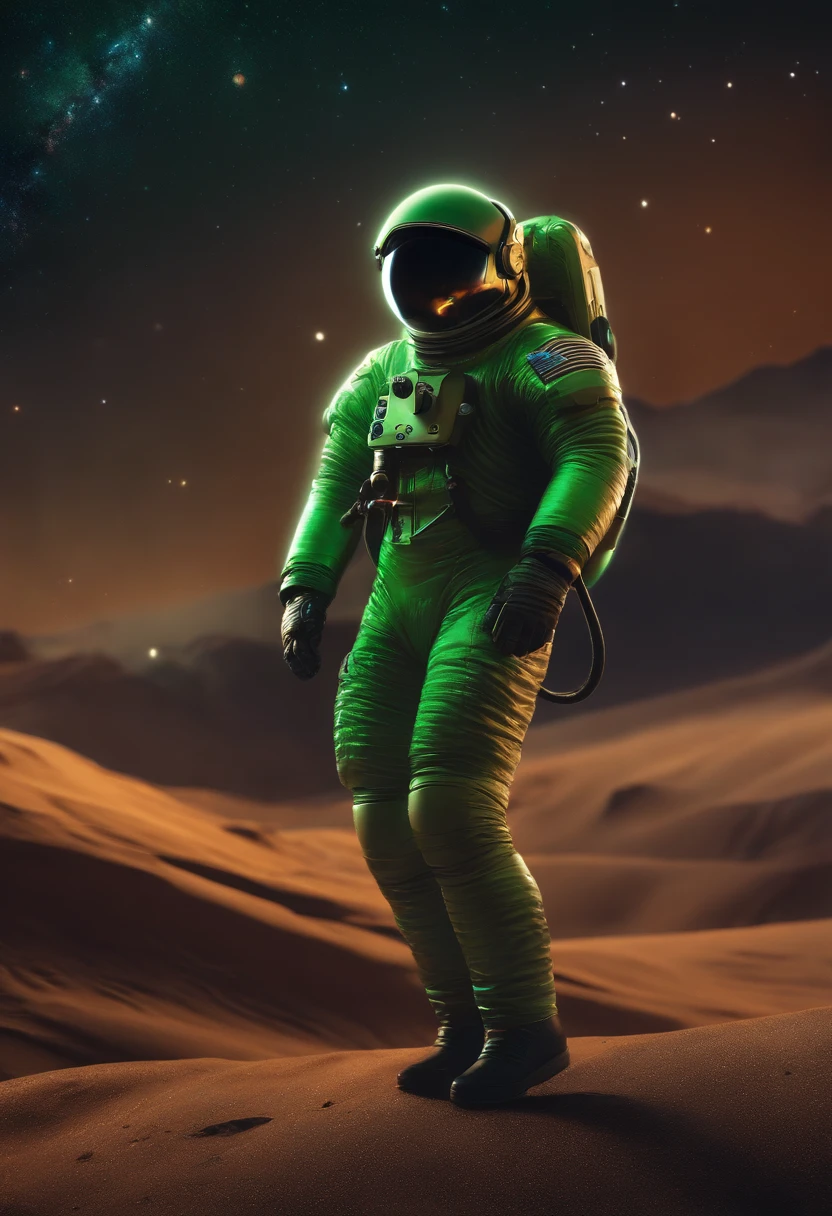 NFT 3 - Name: "Cosmic Explorer"
Create an NFT featuring a scholarly superhero exploring the cosmos. The character should be wearing a metallic spacesuit with green and black accents. The image should convey the vastness of outer space and the advanced technology of the spacecraft. Realistic details in the stars, planets, and the spacesuit are essential for this NFT.