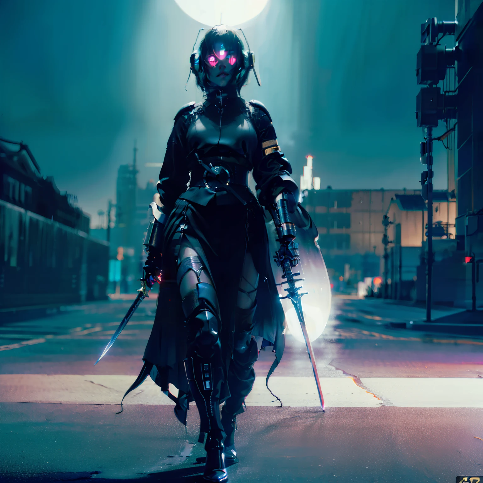 (((Best Quality))), ((masutepiece)) Full body, Femme Fatale Cyborg Assassin, (((With 100 swords))) With black glossy futuristic mask, Dark grey metal body armor, Wear ((Traditional black kimono, Neofuturistic visual aesthetics, ((Perfect robotic eyes)) ((perfect symmetry)), Perfect face, Perfect body, Detailed white ink body art, dark palette, Black Neon Tips, Neo-Noir Japanese, Colorful tag graffiti on metal body frame and helmet, Dark Neo-Noir Cyberpunk Minimalism, Dieselpunk vs Rococopunk, Dark Palette Minimalism, {{Dark Gothic Art Japan Dark Neo Noir}} Esau, moebius, Dan Hillier, Jakub Rebelka, Digital Matte painting, Other Collaborative Artists — Marcin Brashzak, art  stations.This is cool, The composition is dark & A future with a retro 80s retro twist & Visual aesthetics of synthwave, Sci-fi horror, Dark sci-fi horror overtones, Red moon on dark post-apocalyptic building background, Dark ominous clouds, Dystopian atmosphere, Dash's (Dark pulp surrealism), Undeservedly beautiful, cgsociety, Low fidelity dark grunge core, neon noire, Apocalypse Art, Dystopian Art, Sabatier Filter, Cinematic lighting, dieselpunk, Black ink splatters and oil grunge, enigmatic, Forbidden art, Perfect composition, Fits within the frame, Strangely ominous, Nightmare fuel, Intricate details,Neon Horror St....,asa, 3D Maya, unreal engine render, A dark story is unfolding, 4K
