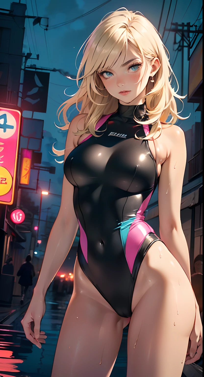 girl swimmer,((girl with extremely cute and beautiful blonde hair)),

(large breasts:1.4),saggy breasts,(((very light blonde hair:1.35,straight hair,long hair:1.4,colored inner hair,ear breathing))),(((heterochromia:1.5,eye1 blue,eye2 green))),intricate eyes,beautiful detailed eyes,symmetrical eyes,((fat)),(((lustrous skin:1.5,bright skin: 1.5,skin tanned,shiny skin,very shiny skin,shiny body,plastic glitter skin,exaggerated shiny skin,illuminated skin, wet legs))),(spider lower abdomen,narrow waist,wide hip,athletic body,inflated legs,delicate detailed fingers,detailed body,human hands,(detailed face)),

cute,slutty,seductive,erotic,(((nsfw))),

((one-piece_swimsuit magenta,wearing a one-piece_swimsuit outfit:1.3,magenta armor swimsuit:1.3)),((wet clothes,intricate outfit,intricate clothes)),

(dynamic pose:1.0),embarrassed,(centered,scale to fit dimensions,Rule of thirds),

cyberpunk city by the ocean at night, with bright neon signs and dark stormy clouds and puddles, scenery:1.25,

artistic photography,(photography taken by sldr),highres, sharp focus, (ultra detailed, extremely detailed), (photorealistic artwork:1.37),(extremely detailed CG unity 8k wallpaper),((synthwave background theme)),(((vibrant colors))),(intricate background),(masterpiece),(best quality),