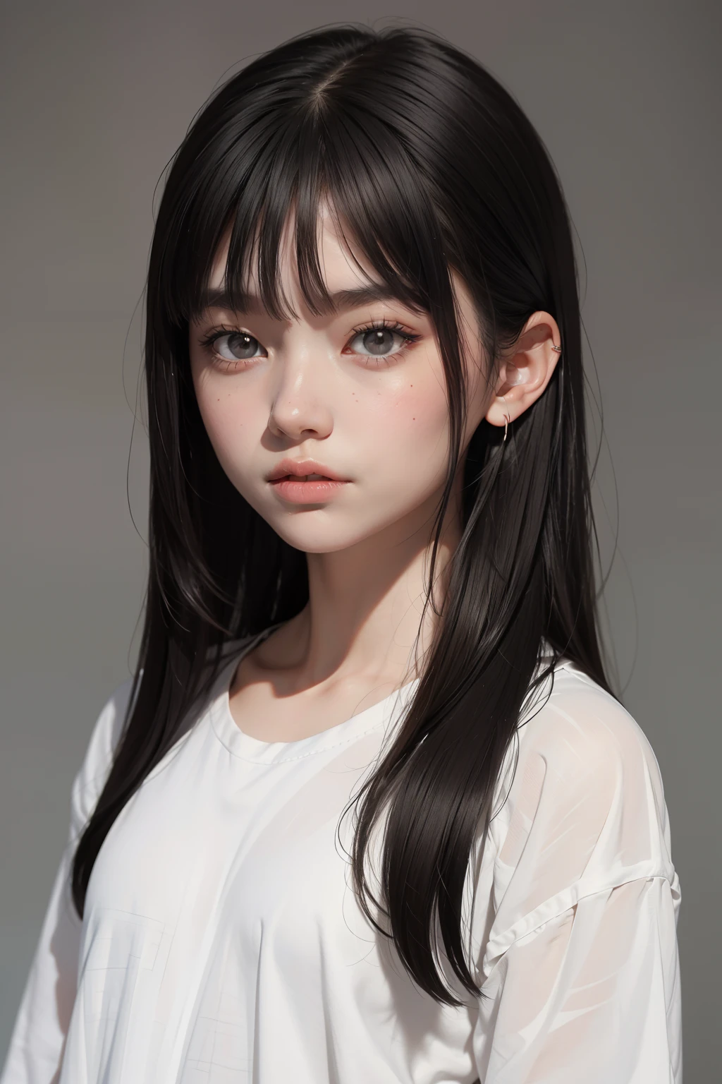 Masterpiece, best quality, (dark photo: 1.3), photorealistic, 1girl, flat bangs, nice innocent symmetrical face, shirt, emotional, ulzzang, (PureErosFace_V1:0.7)