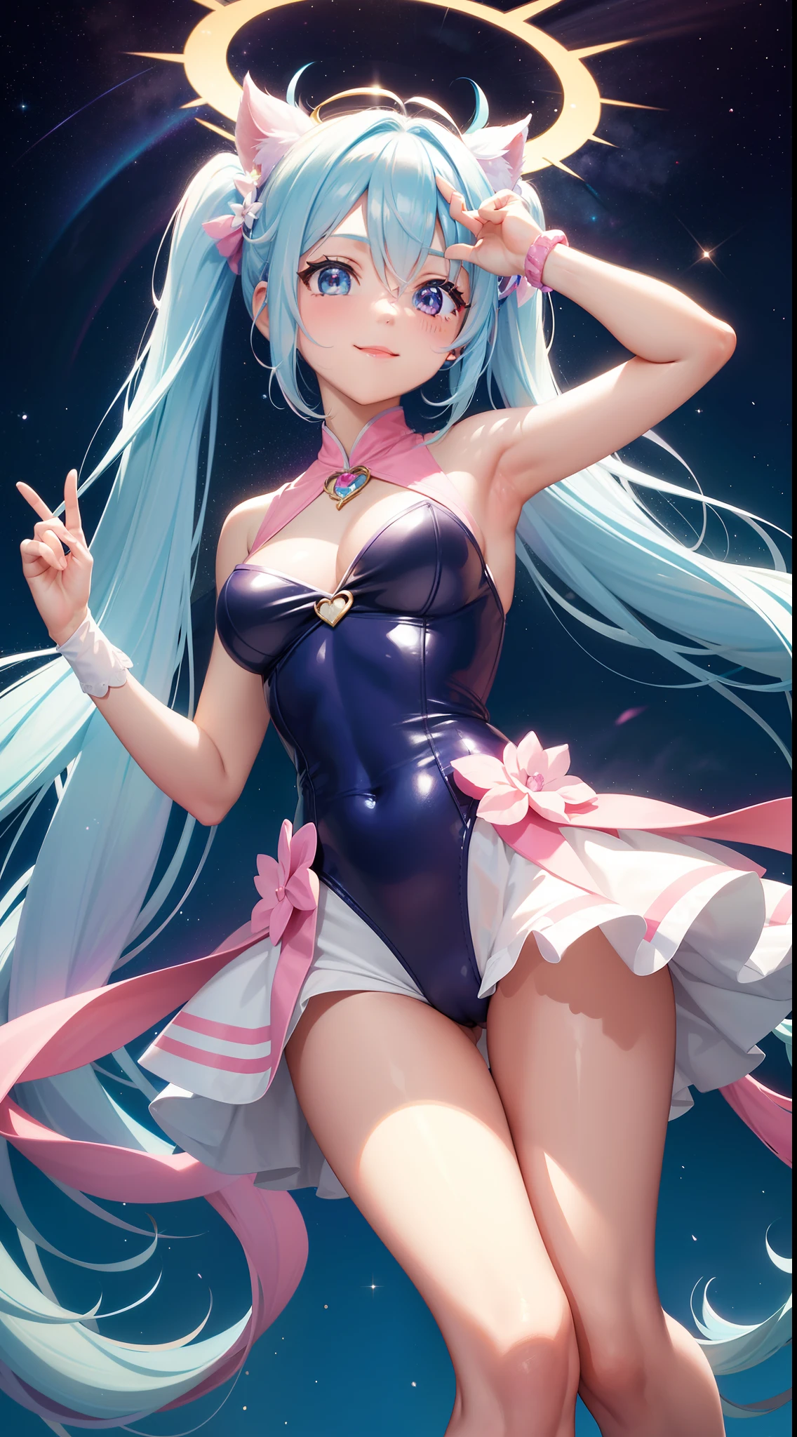Super Idol a beauty girl A charming smile sky blue hair length hair Twin-tailed Bright pink and white leotard outfit Mystical Fantasia constellation a moon Crystal Brilliance Aurora Borealis in the Night Sky