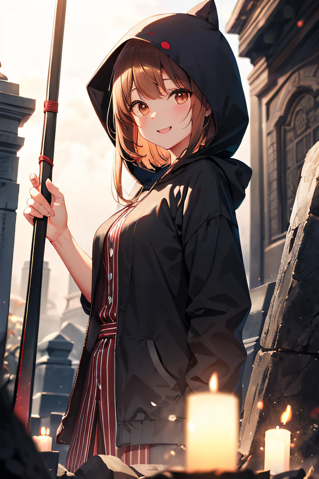 Cute hooded Grim Reaper shrouded in dark mist,Wielding a scythe,Emerge from the swirling shadows.Stand in the Cemetery of Forgotten Souls.(light brown and red striped hair,,,:1.3,),Perfect face,Proper body proportion,masutepiece,Super high-quality output images,超A high resolution,Intricate details,Extremely delicate and beautiful,photographrealistic,Dreamy,Professional Lighting,realistic shadow,Solo Focus,Beautiful hands,Beautiful fingers,Beautiful breast slip、Detailed red mouth、Detailed red cheeks、Smile of shame、