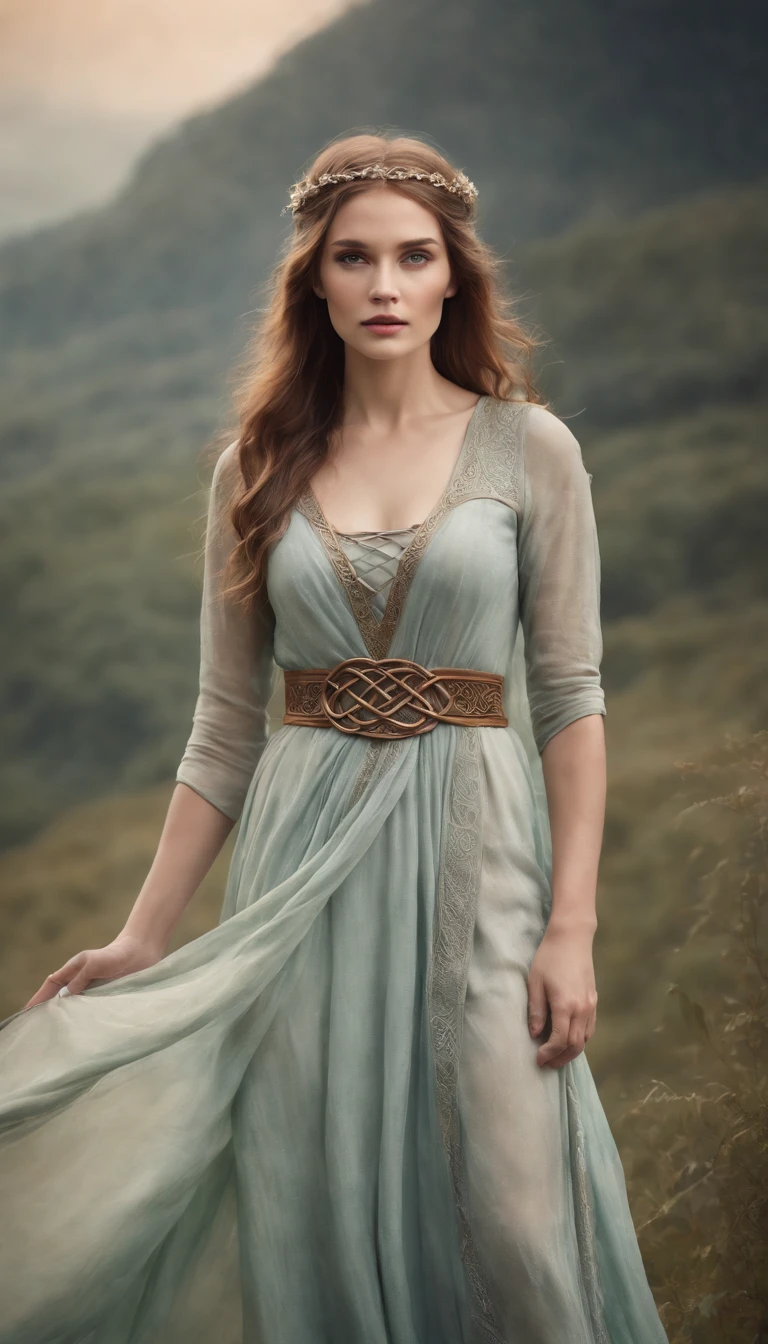 Celtic Warrior Woman, Stone Ruins, Tall and Slender, Flowing Dress with Celtic Knot Jewelry, Procreate, Watercolor Technique, Poster Design, 300 DPI, Soft Lighting, Ethereal Art, Mysterious, Serene Expression, Enchanting Atmosphere, bokeh, photo, 8k, dark, dynamic action, pale washed out style, dreamy nostalgic, soft focus, dark vignetting, light leaks, medium photography, gloomy artistic painterly ethereal, whimsical, coarse grain photo