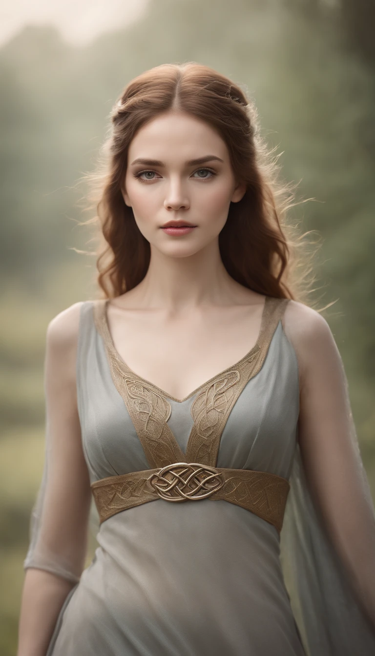 Celtic Warrior Woman, Stone Ruins, Tall and Slender, Flowing Dress with Celtic Knot Jewelry, Procreate, Watercolor Technique, Poster Design, 300 DPI, Soft Lighting, Ethereal Art, Mysterious, Serene Expression, Enchanting Atmosphere, bokeh, photo, 8k, dark, dynamic action, pale washed out style, dreamy nostalgic, soft focus, dark vignetting, light leaks, medium photography, gloomy artistic painterly ethereal, whimsical, coarse grain photo