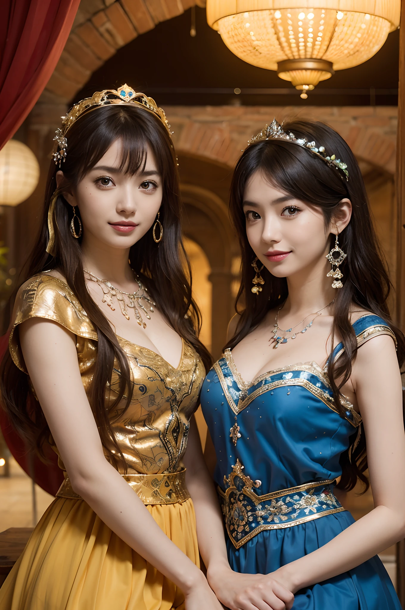 Smiling,Face focus,(alebrijes art style), Meteor shower in the starry sky, a couple of lesbians sitting together looking at the stars,lewd,leering:1.3,Masterpiece, Best quality, intricately details, absurderes,,(ulzzang-6500-v1.3,pureeroface_v1,octane rendering)