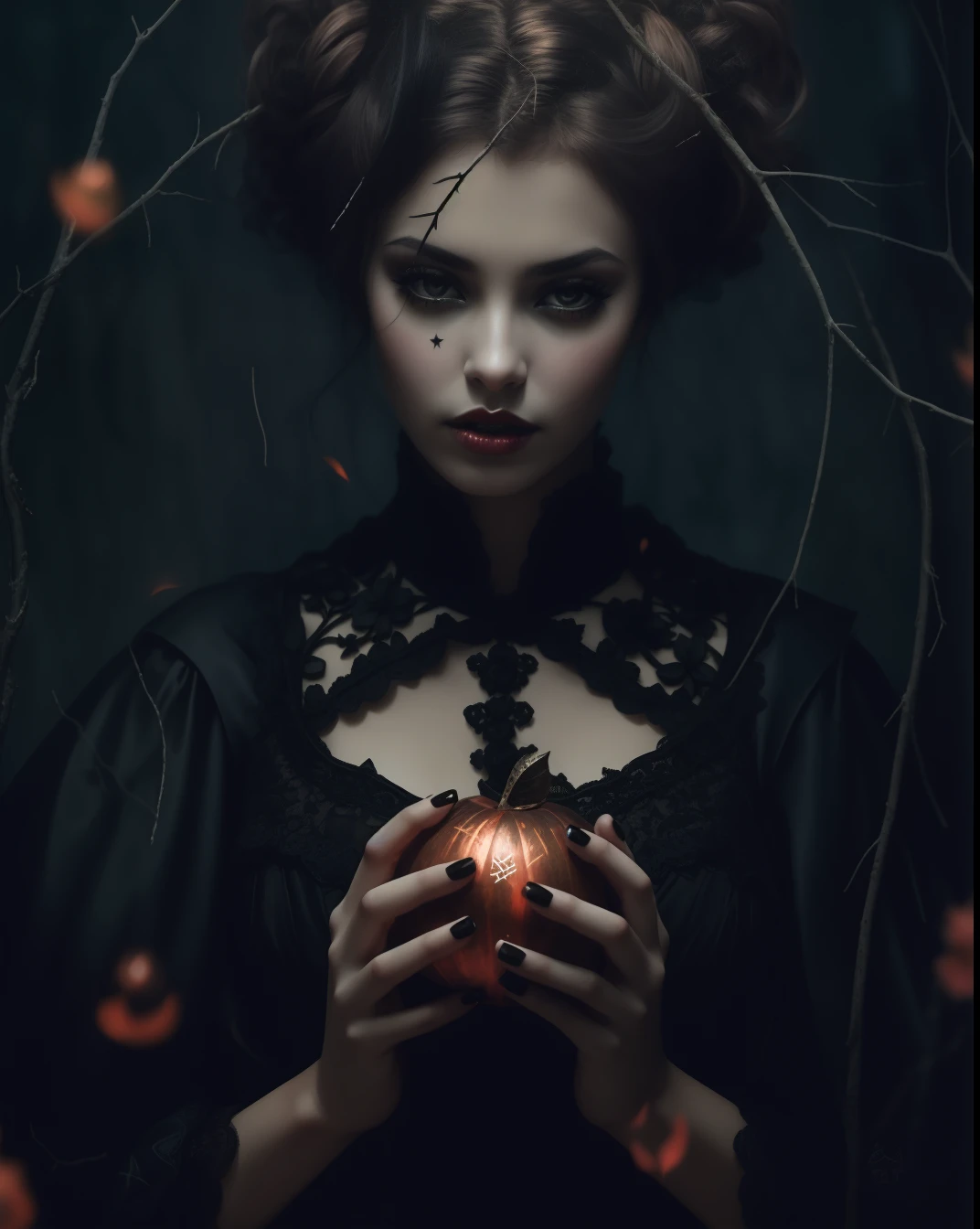 Una mujer con un vestido ????? sosteniendo una manzana en sus manos, Retrato de una bruja oscura, Cuento de hadas de brujas, Scarry pero hechizante, Bruja Oscura, Hermosa bruja espeluznante hembra, Estilo oscuro y de terror, Hermoso con vibraciones misteriosas, dark fantasy mixed with realism, gothic horror vibes, Dark fantasy portrait, Cuento de hadas oscuro, Fantasy photography, hermosa bruja hembra, Hermosa bruja femenina