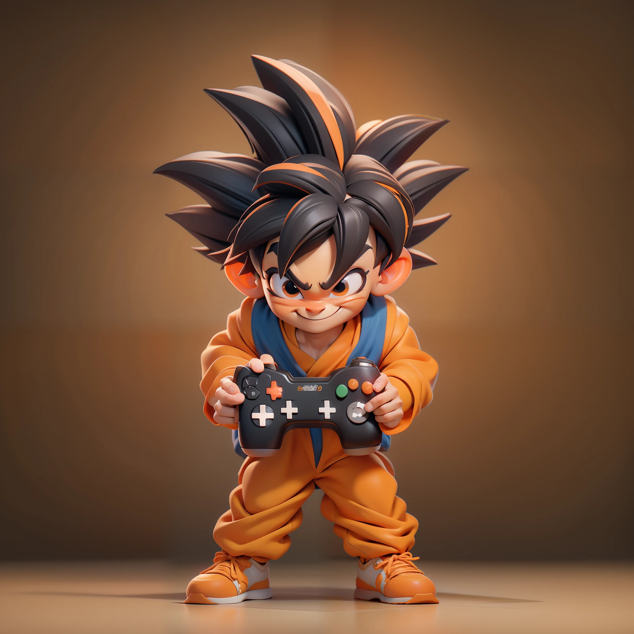 3D face pattern, um kid goku original feliz e sorrindo ,wearing his iconic orange costume, with a video game controller in hand ,(olhos negros) ,,, cabelos pretos, em um quarto game bem agradavel