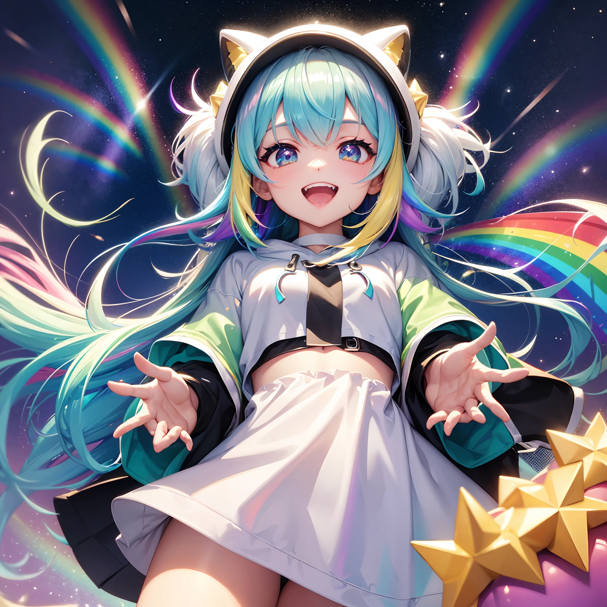 (top-quality)、a closeup、Iridescent hair、Iridescent eyes、huge smile、double tooth、Rainbow hoodie、