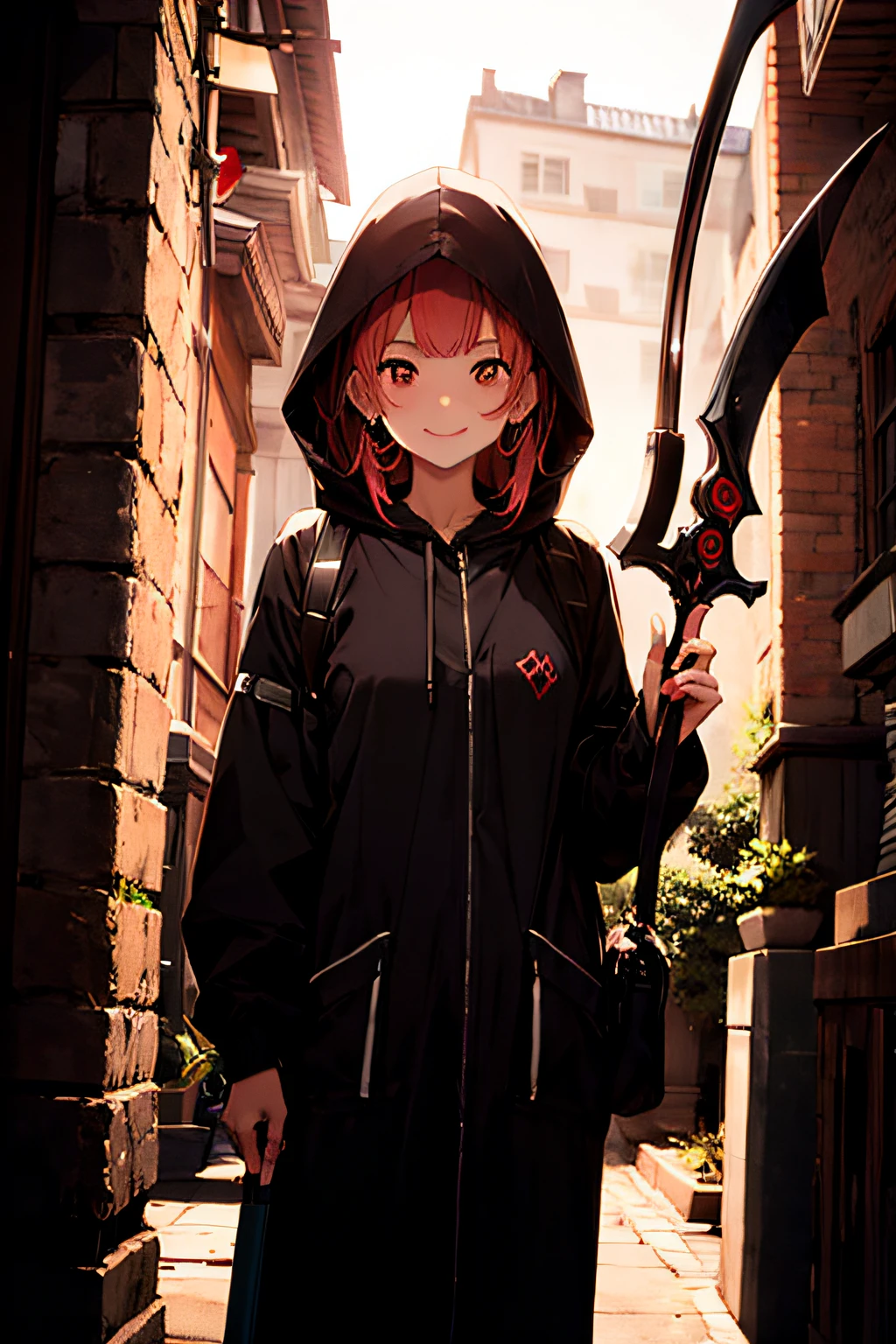Cute hooded Grim Reaper shrouded in dark mist,Wielding a scythe,Emerge from the swirling shadows.Stand in the Cemetery of Forgotten Souls.(light brown and red striped hair,:1.3,),Perfect face,Proper body proportion,masutepiece,Super high-quality output images,超A high resolution,Intricate details,Extremely delicate and beautiful,photographrealistic,Dreamy,Professional Lighting,realistic shadow,Solo Focus,Beautiful hands,Beautiful fingers,Beautiful breast slip、Detailed red mouth、Detailed red cheeks、Smile of shame、