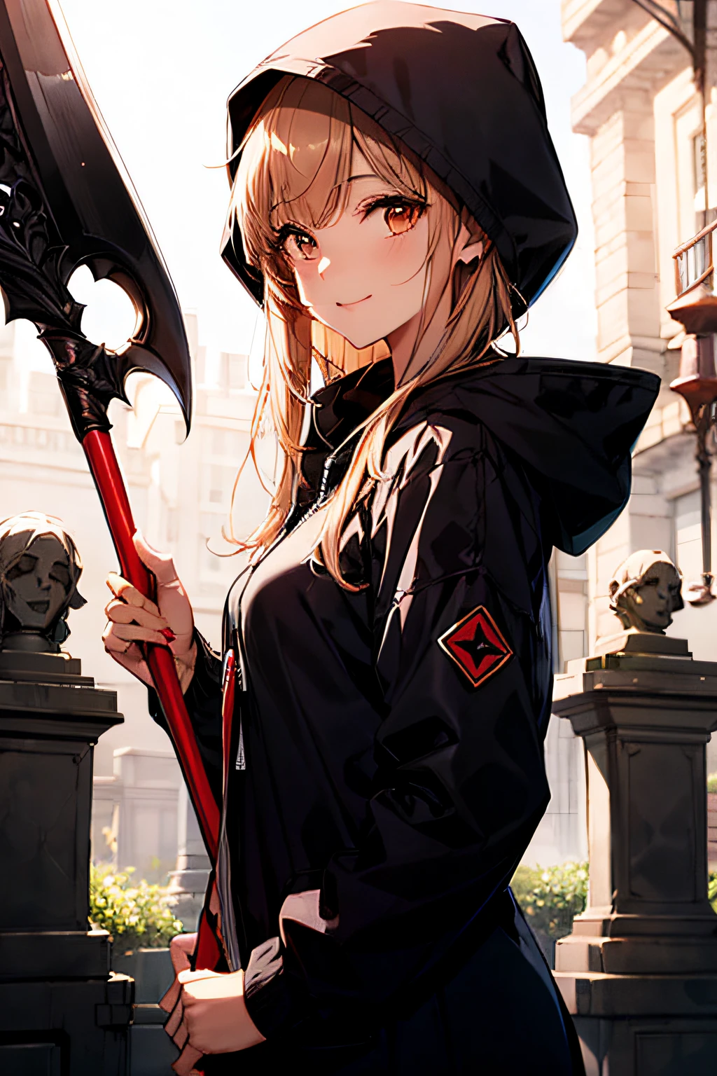 Cute hooded Grim Reaper shrouded in dark mist,Wielding a scythe,Emerge from the swirling shadows.Stand in the Cemetery of Forgotten Souls.(light brown and red striped hair,:1.3,),Perfect face,Proper body proportion,masutepiece,Super high-quality output images,超A high resolution,Intricate details,Extremely delicate and beautiful,photographrealistic,Dreamy,Professional Lighting,realistic shadow,Solo Focus,Beautiful hands,Beautiful fingers,Beautiful breast slip、Detailed red mouth、Detailed red cheeks、Smile of shame、