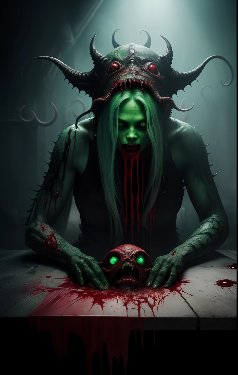 Cult of Cthulhu, a dangerous looking girl green, blood on top of a table with a demon head, in the style of giger in the hole, with a lot of blood around, hyperrealism, hyper realistic color photo, realistic photography, dark atmosphere, realistic blood, HDR, ultra detailed, sharp theets, high quality render, ultra realistic shadows, ultra defined