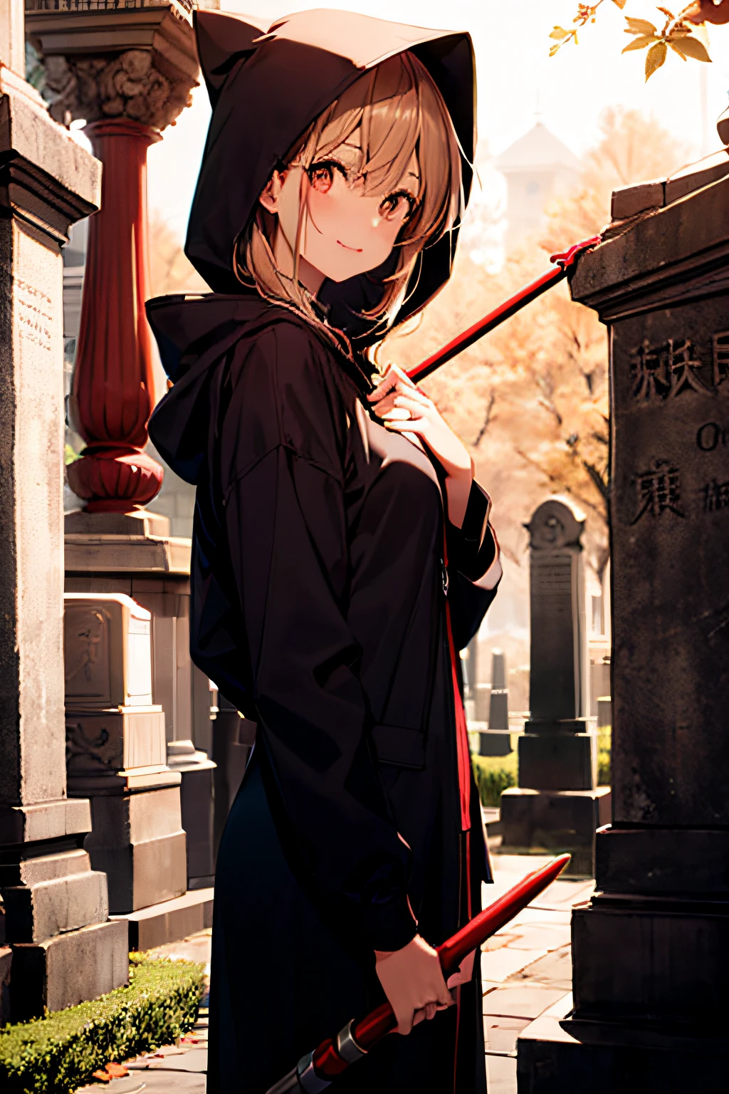 Cute hooded Grim Reaper shrouded in dark mist,Wielding a scythe,Emerge from the swirling shadows.Stand in the Cemetery of Forgotten Souls.(light brown and red striped hair,:1.3,),Perfect face,Proper body proportion,masutepiece,Super high-quality output images,超A high resolution,Intricate details,Extremely delicate and beautiful,photographrealistic,Dreamy,Professional Lighting,realistic shadow,Solo Focus,Beautiful hands,Beautiful fingers,Beautiful breast slip、Detailed red mouth、Detailed red cheeks、Smile of shame、