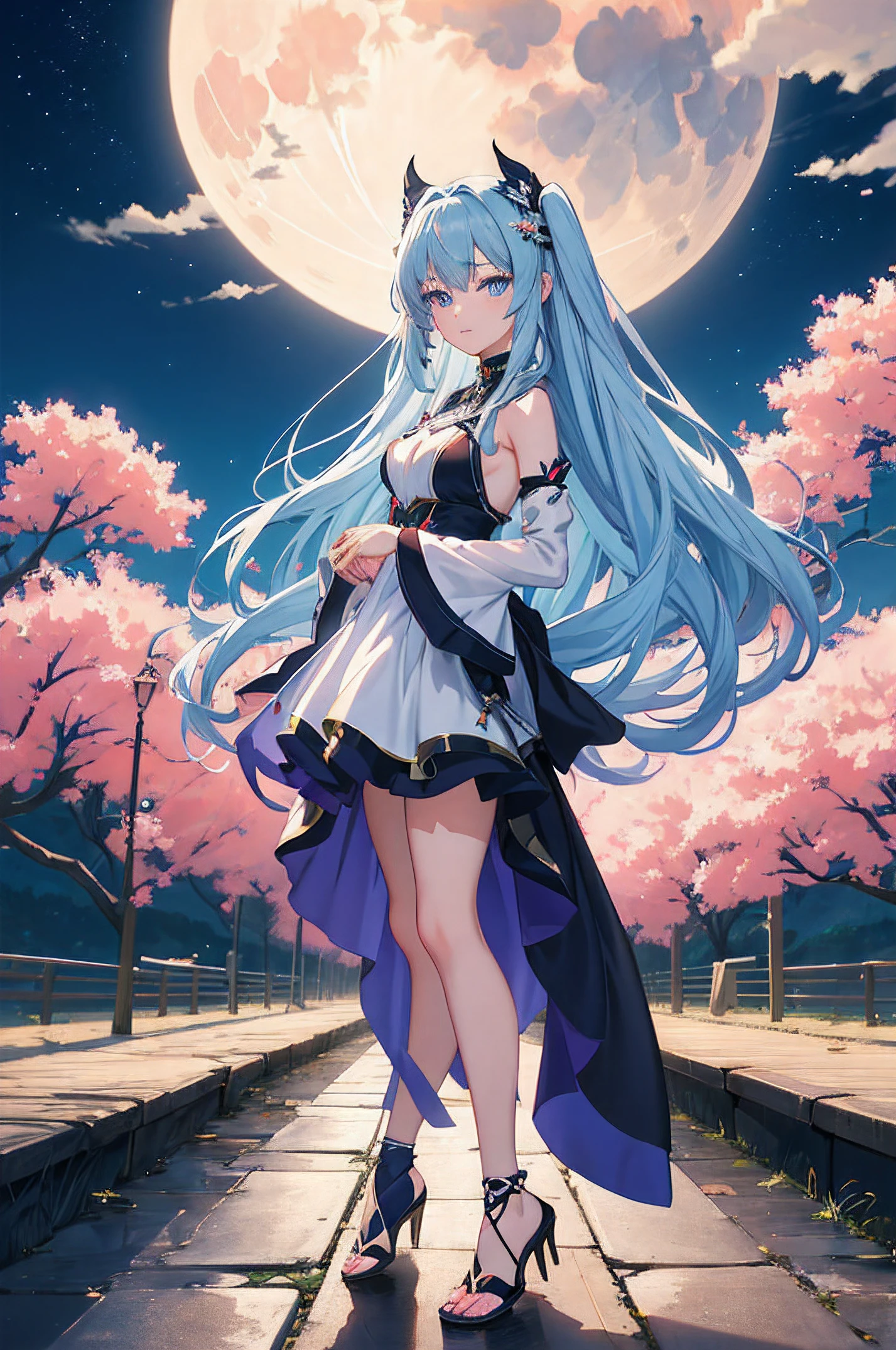 Anime girl with long hair and blue eyes standing in front of the full moon, anime style 4 k, Stunning anime face portrait, very detailed Artgerm, Detailed Digital Anime Art, anime art wallpaper 4k, anime art wallpaper 4k, Anime art wallpaper 8k, Gothic Maiden anime girl, anime fantasy artwork, Beautiful Anime Portrait