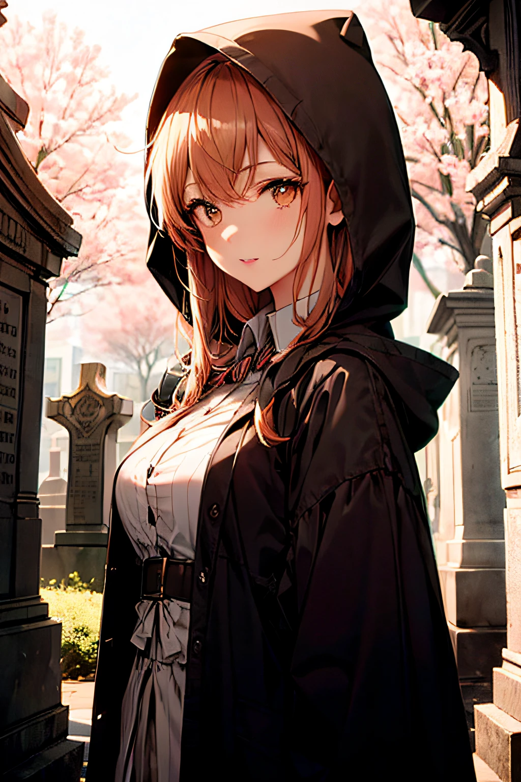 Cute hooded Grim Reaper shrouded in dark mist,Wielding a scythe,Emerge from the swirling shadows.Stand in the Cemetery of Forgotten Souls.(light brown and red striped hair,,:1.3,),Perfect face,Proper body proportion,masutepiece,Super high-quality output images,超A high resolution,Intricate details,Extremely delicate and beautiful,photographrealistic,Dreamy,Professional Lighting,realistic shadow,Solo Focus,Beautiful hands,Beautiful fingers,Beautiful breast slip、Detailed red mouth、Detailed red cheeks
