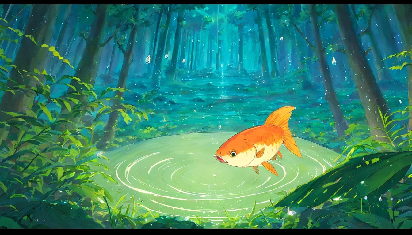 Night Forest,Fish foaming in water,The ground is filled with spherical transparent droplets