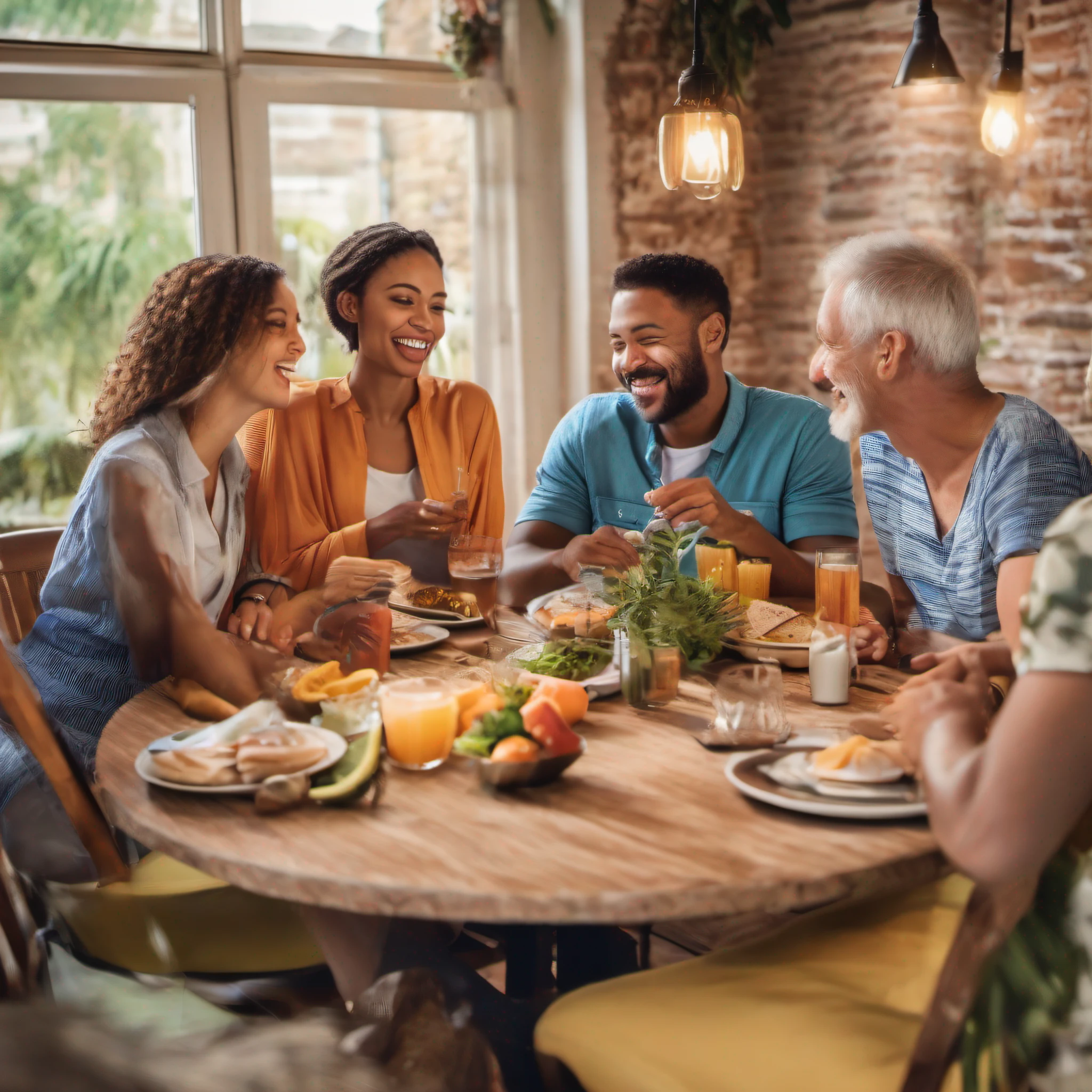 (a)group of smiling people conversing at a table, (best quality, highres), vivid colors, professional lighting, realistic atmosphere, natural expressions, diverse ages and ethnicities, lively interaction, joyful atmosphere, cozy indoor setting, cheerful ambiance, vibrant clothing, relaxed postures, engaging conversation, laughter in the air, warm and friendly interactions, mouth-watering food on the table, polished wooden table, comfortable chairs, soft lighting, lively background chatter, genuine emotions, authentic moments, happy gathering