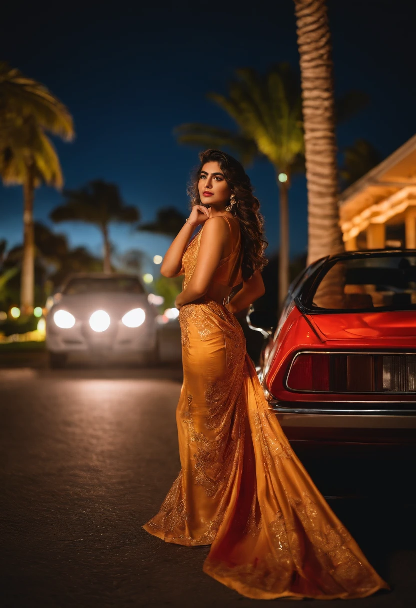 A young Turkish girl at Miami ,retro vibes along with a Ferrari testarossa , enjoying nightscape , near palm trees , wearing khadi brand saree , Mehwish Hayat