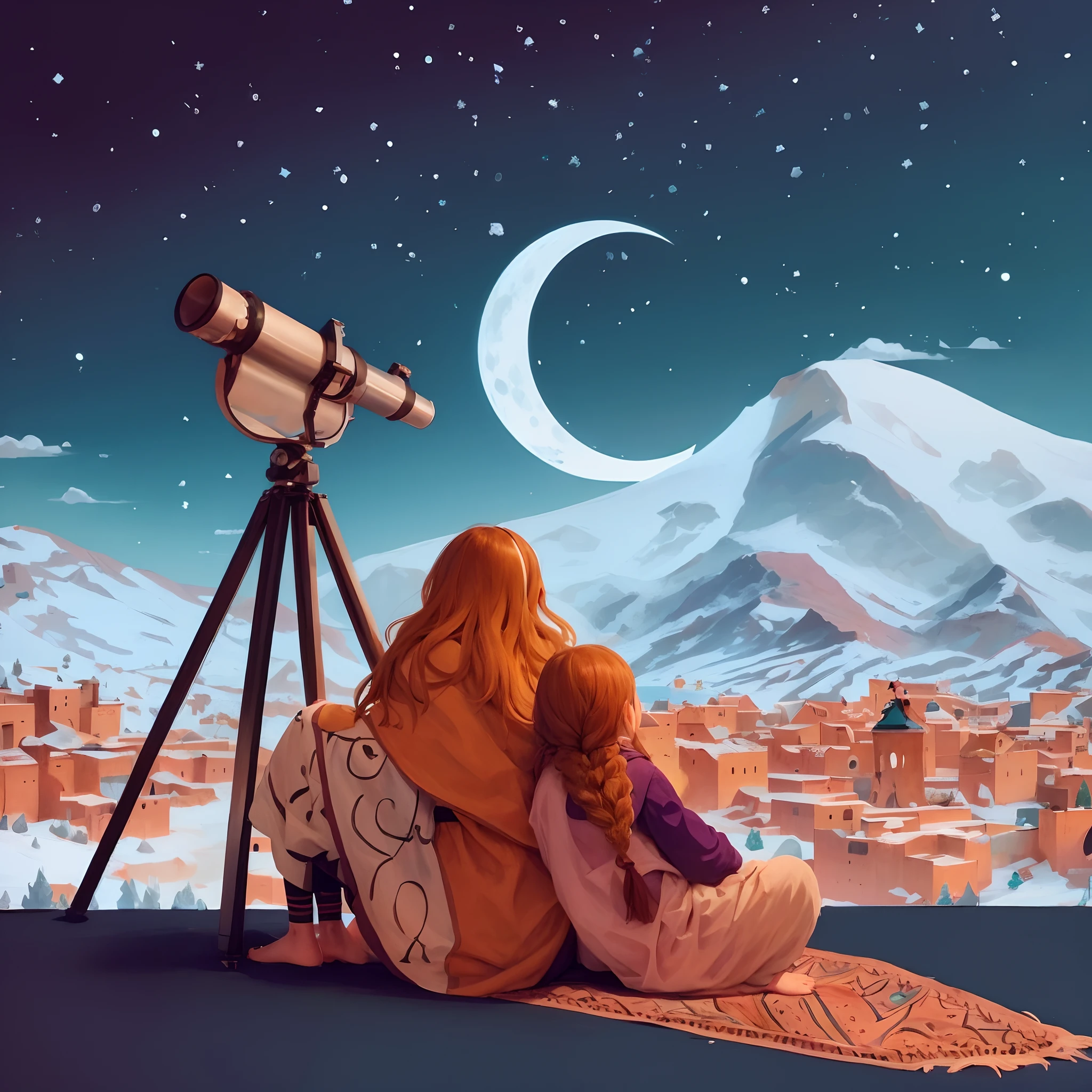 A girl and her daughter sitting on her leg, mountain tune, looking towards the Moroccan village, next to them is a telescope, the moon has a cloud on it, and snow is above the mountains.