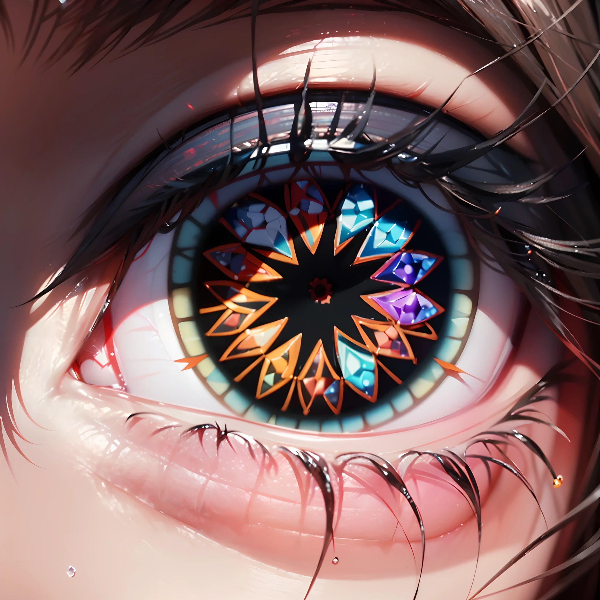 tmasterpiece，best qualtiy，highest  quality，ultra - detailed，Best resolution，8K，CG，illustration，realisticlying，(close look:1.1，red pupils:1.3，Pupils with black kaleidoscope pattern:1.2)