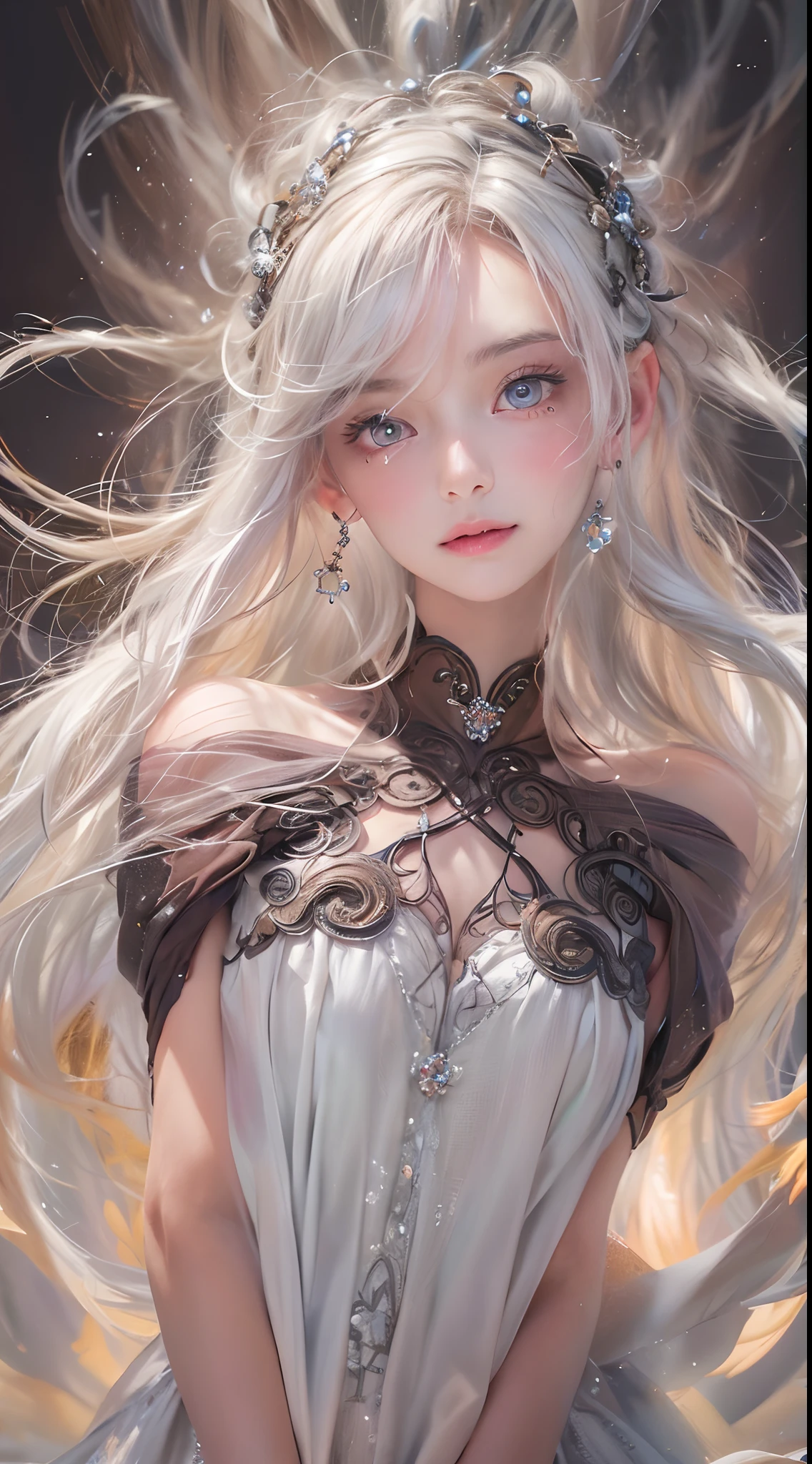 a bory girl, facing the front, underarm, armpit, nearly naked, thin body, skinny, (Highest quality authentic textured skin),(abyssal),(Fine, Round, Symmetrical eyes),Delicate facial features,(Burning bright and cold eyes), very slim and thin body, naked, nude, (She has a mischievous smile on her face),(Her face is gentle and beautiful),Glass earrings on the ears,,(Blonde hair),(silvery white hair),(Maroon hair),(Dramatic photo:1.4),(dramatic pose),(flamboyant photo), upturned eyes, upward glance, A messy painting,(Hair flows in air:2.0),(Vortices and tidal currents in the background),(Dramaticlight),(Magnificent scene),Epic realism,Cinematic feeling,(high-density imaging review:1.5),(Soft color:1.2),Ultra detailed,Dramaticlight,(intricately details:1.1), complex background, sparkle background, fractal background,